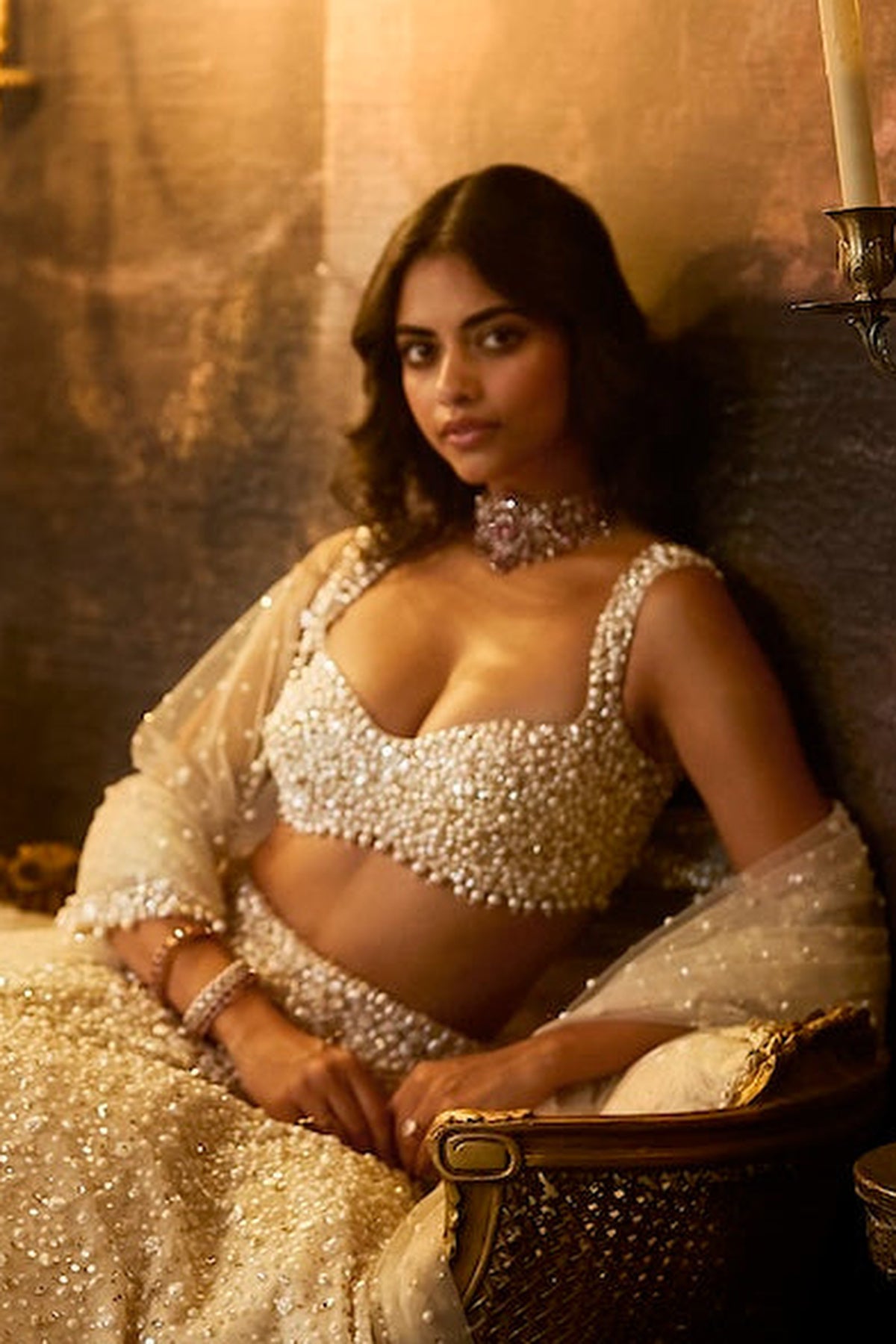 Butter Cream Pearl Lehenga Set