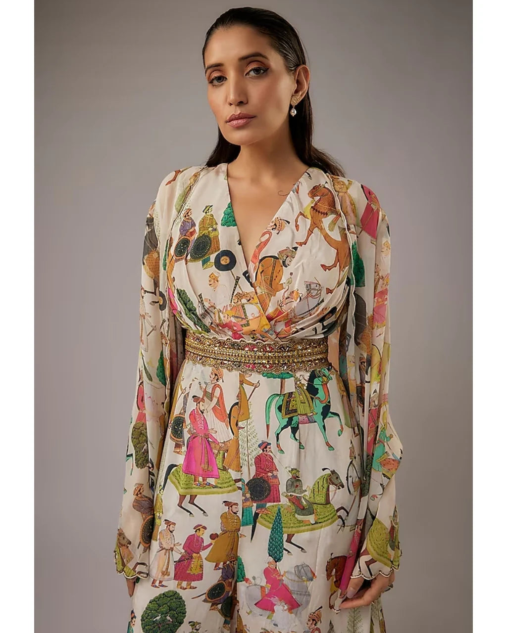 Ivory Printed Jumpsuit With Cape Set