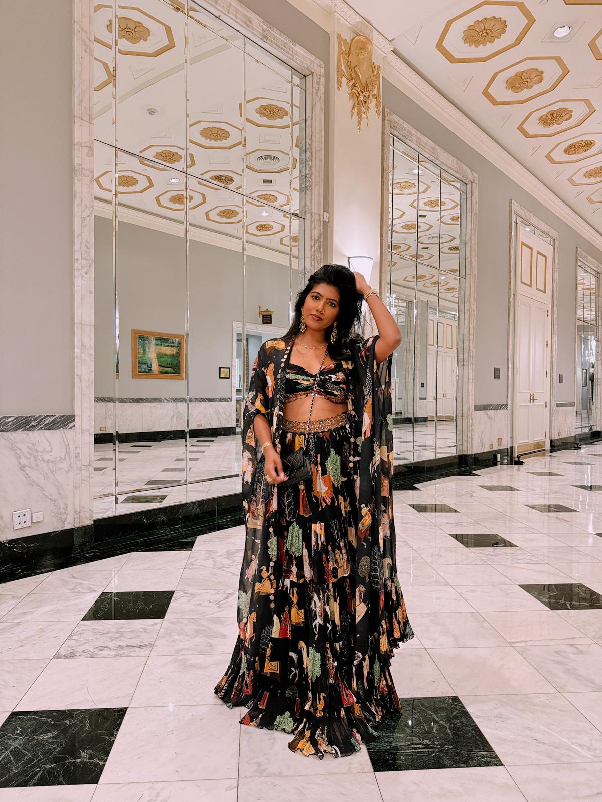 Block Flowy Mughal Printed Cape and Skirt Set