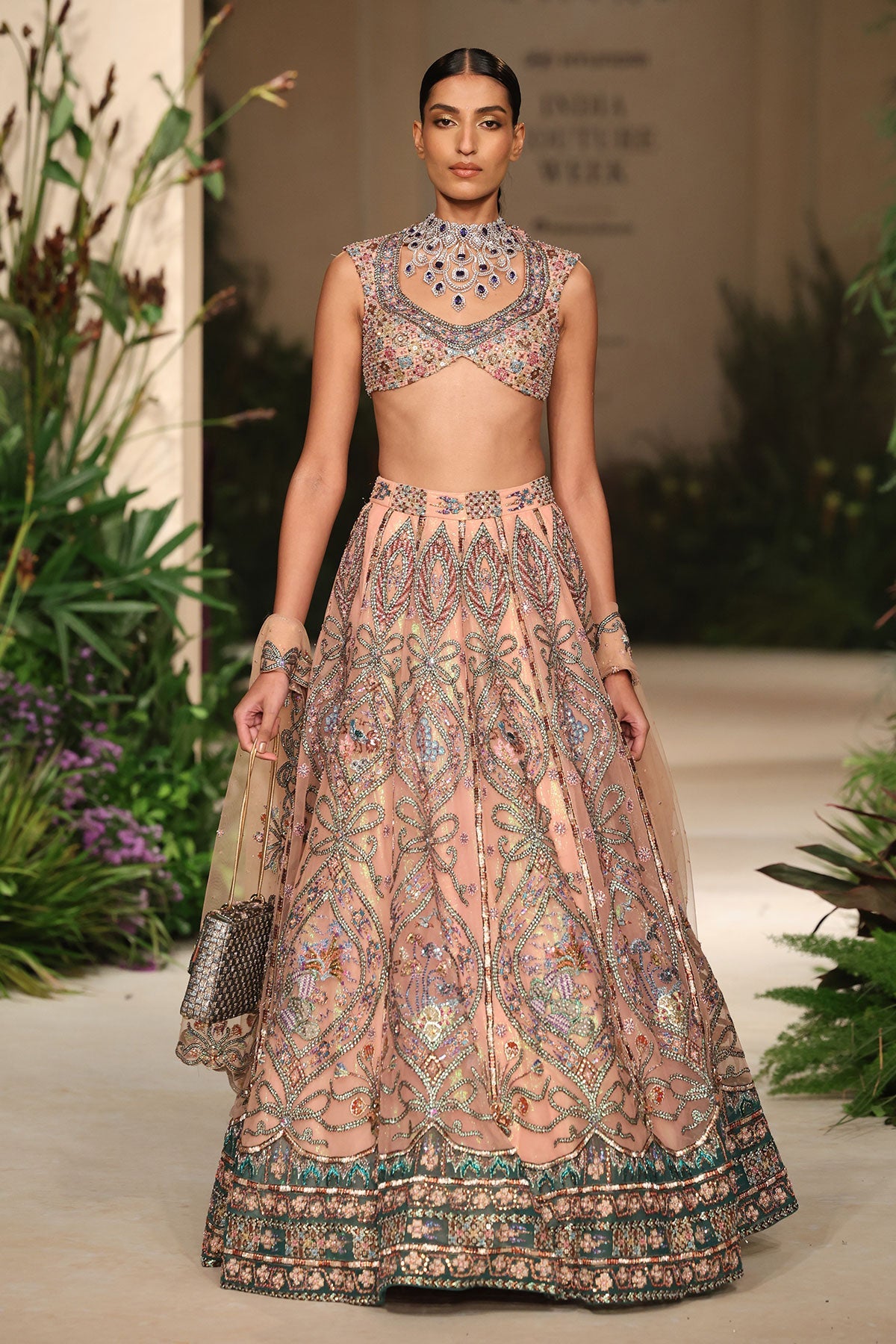 Bloomrush - cantaloupe teal tulle Lehenga