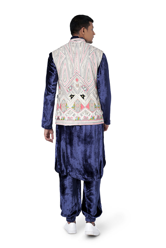 CHALK WHITE COLOUR GEORGETTE BANDI WITH NAVY COLOUR VELVET KURTA AND JOGGER PANT