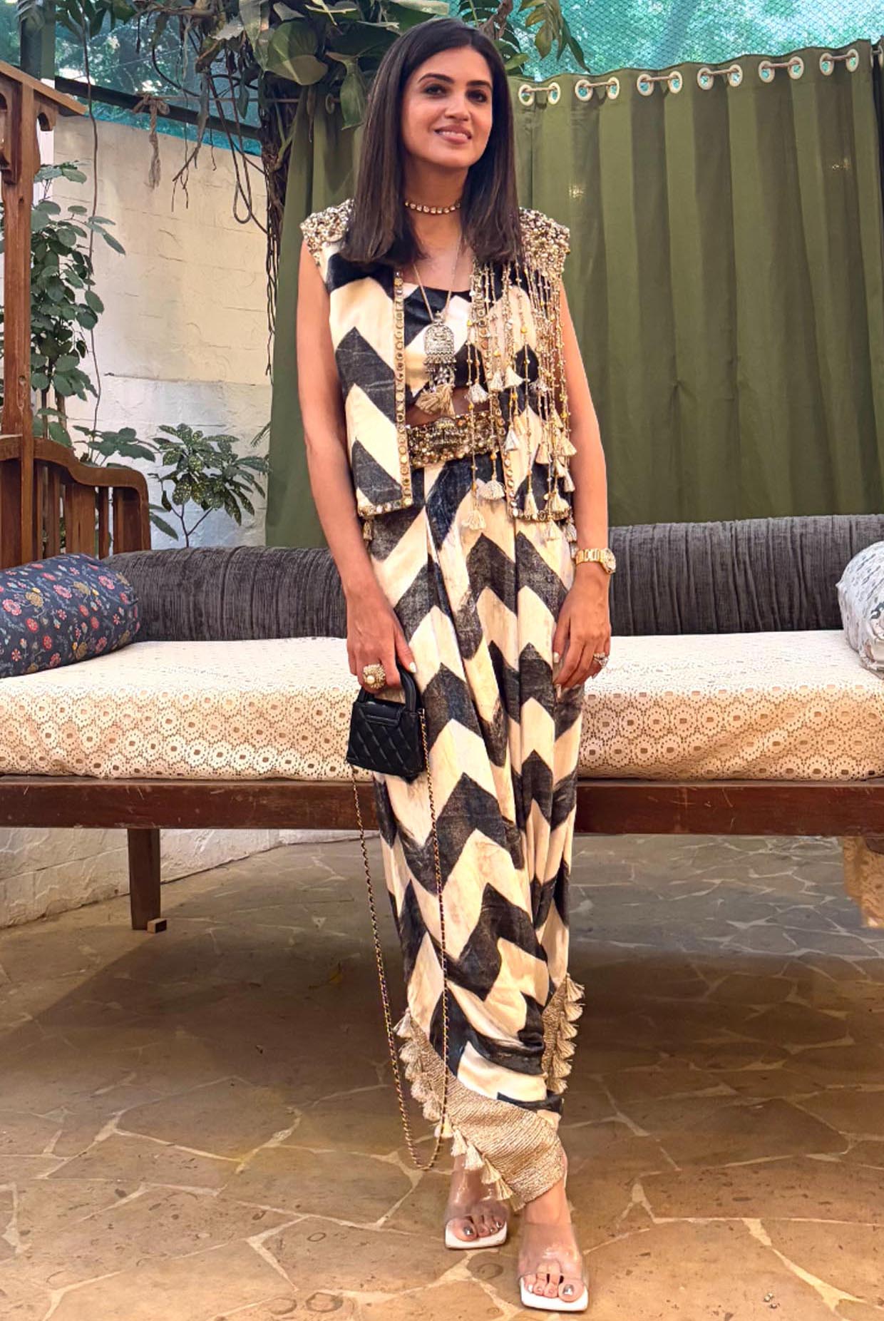 Chevron Print Velvet Bustier With Embroidered Jacket And Low Crotch Pants.