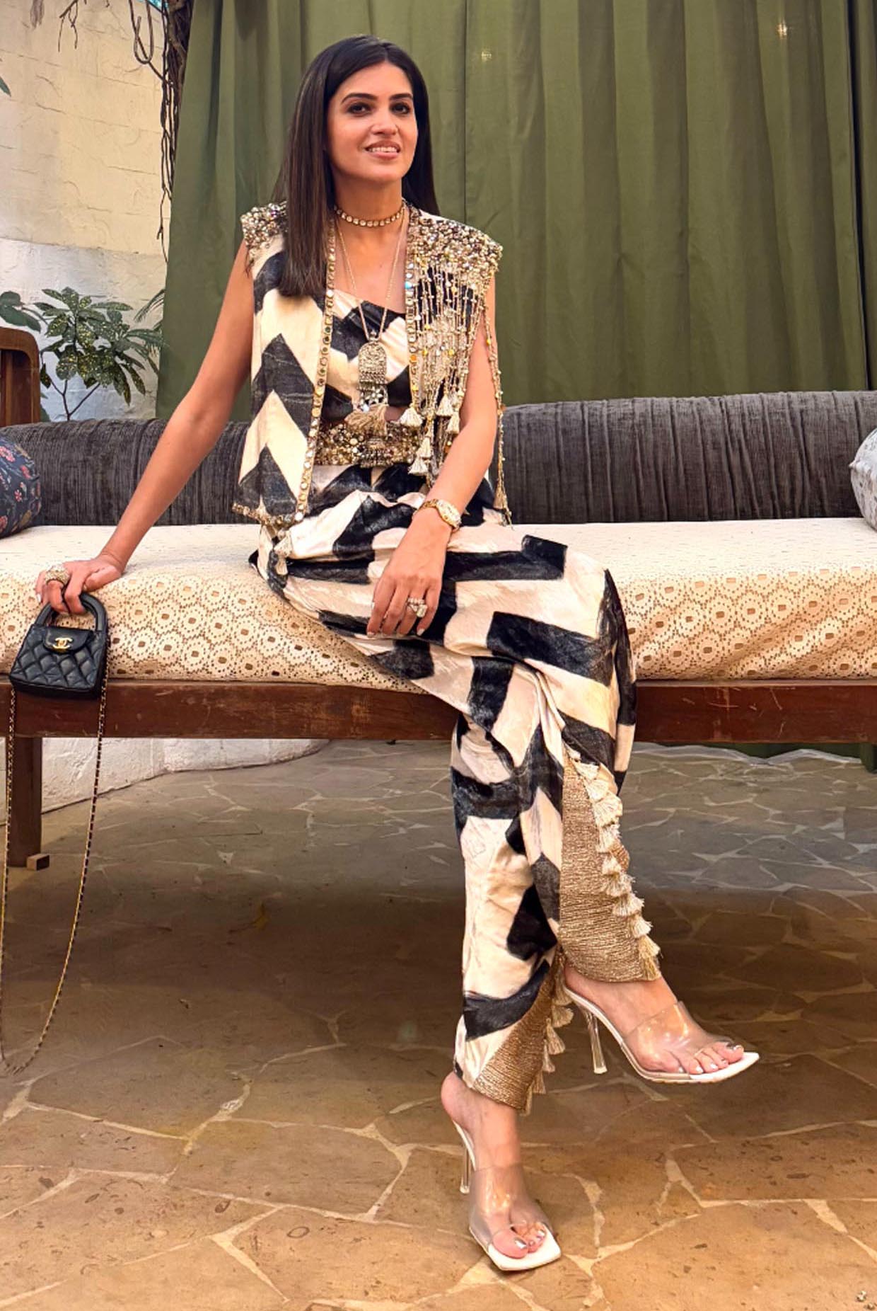 Chevron Print Velvet Bustier With Embroidered Jacket And Low Crotch Pants.