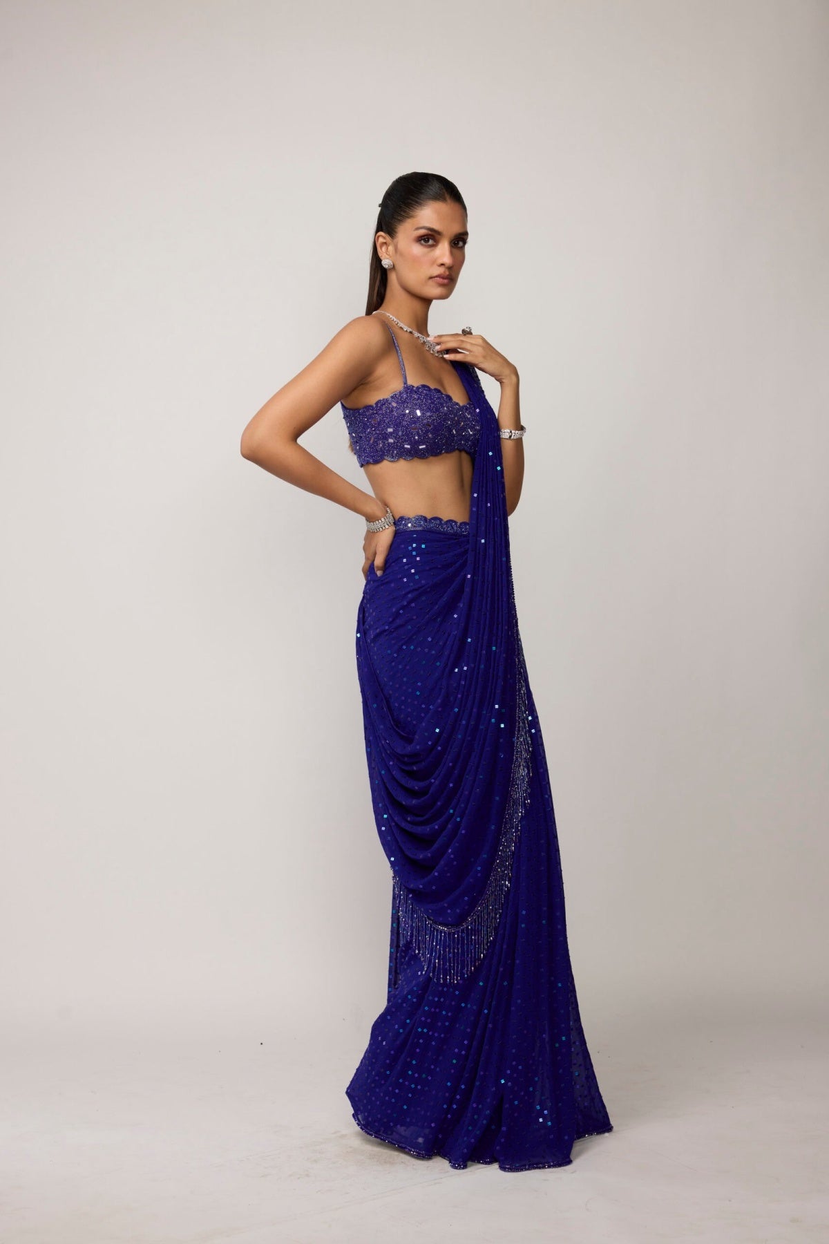 Cocktail Blue Sequins Embroidered Saree Set