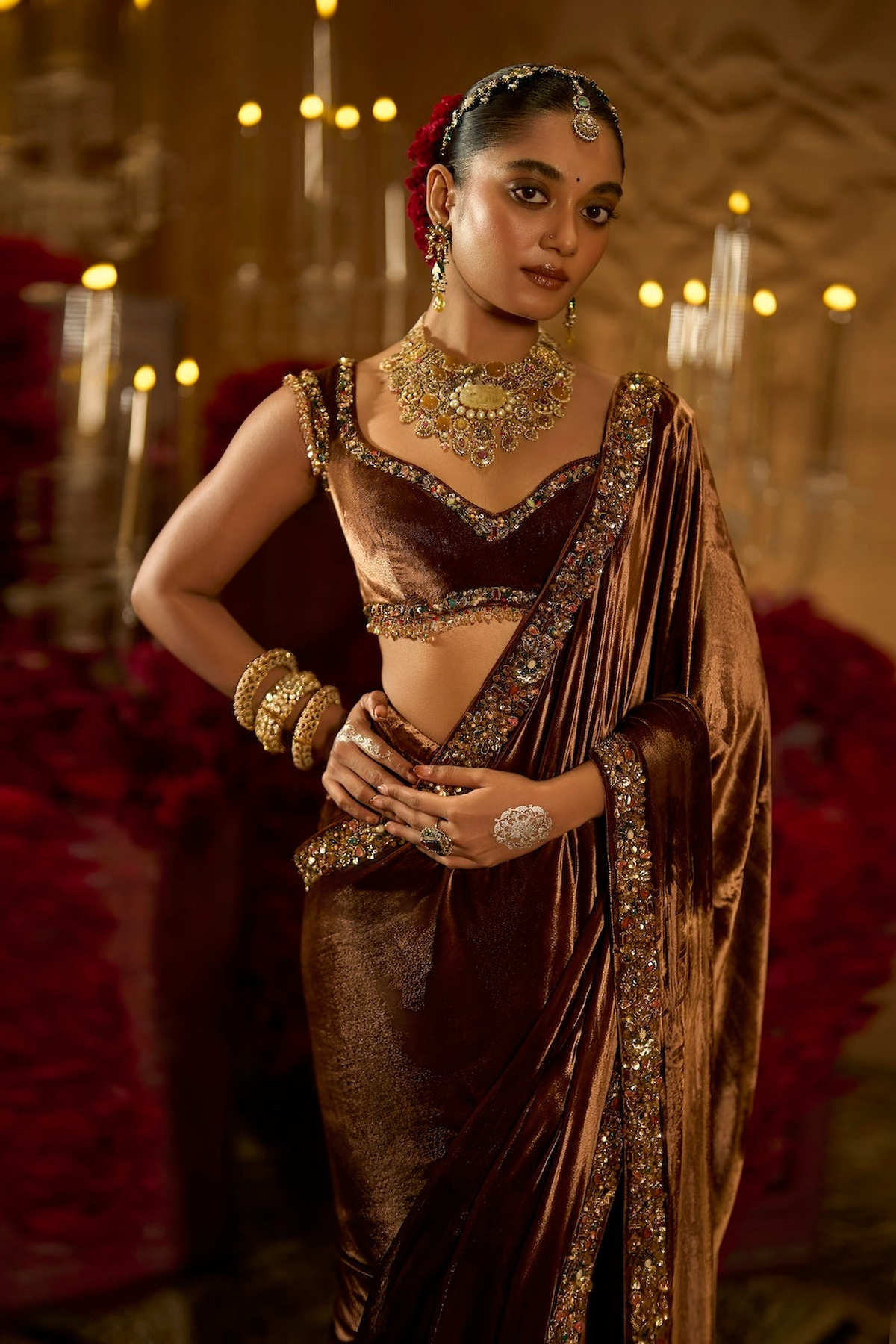 Coffee Brown Pre-Stitched Velvet Saree