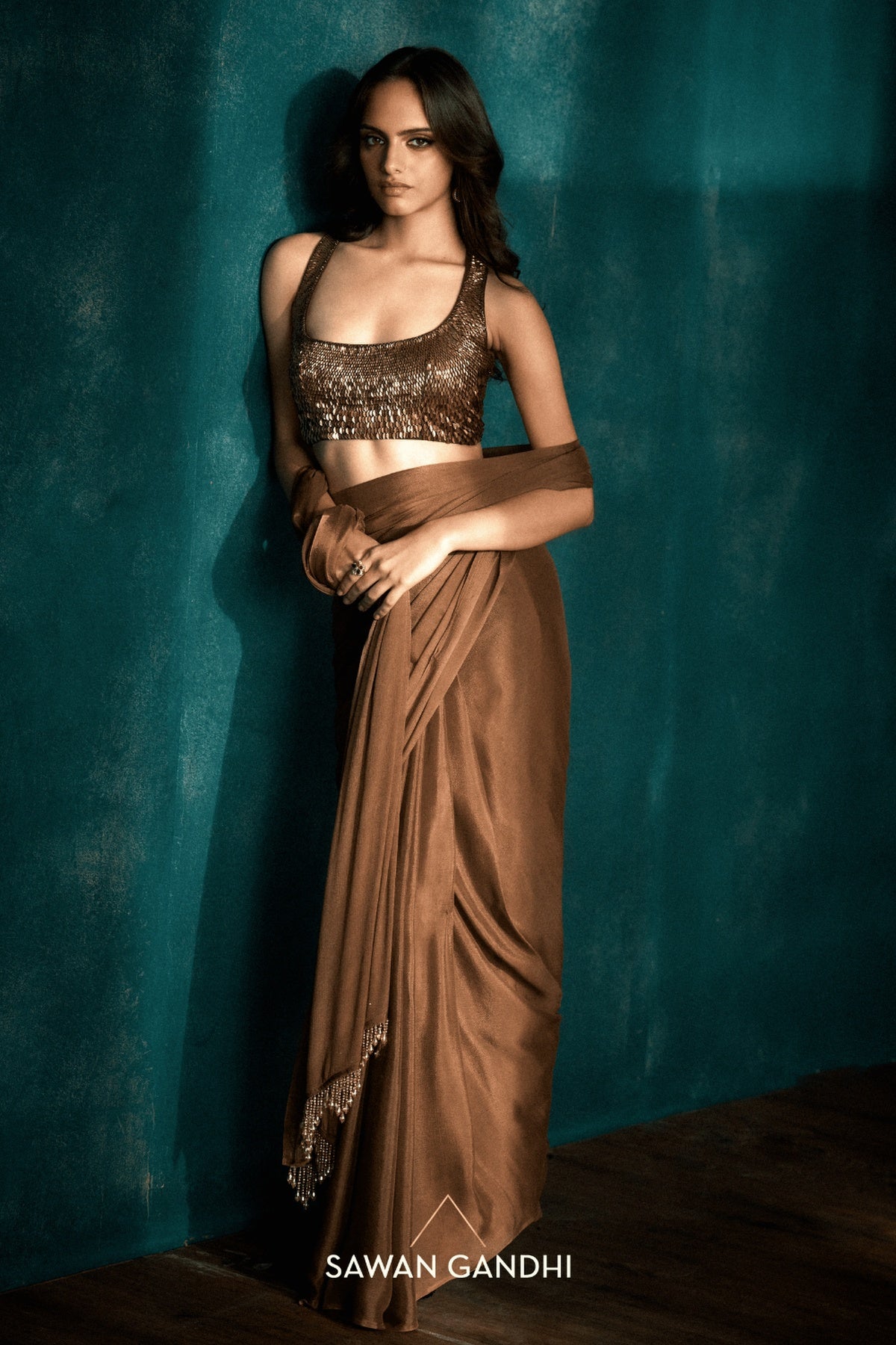 Coffee saree with tassels