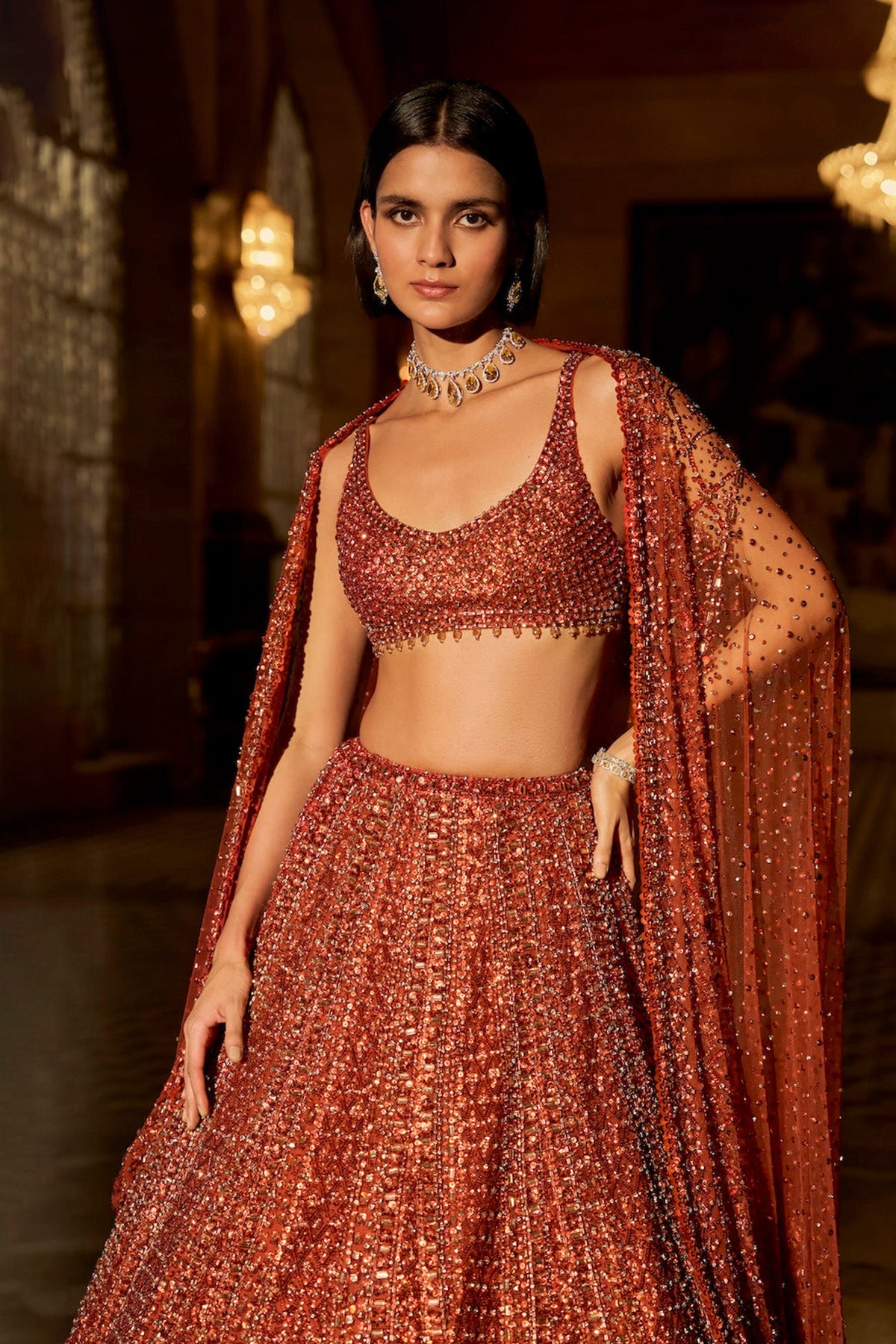 Copper Crystal Lehenga Set
