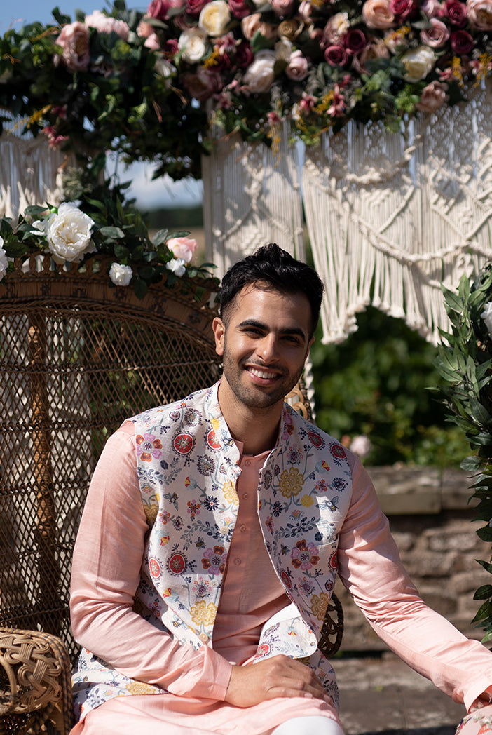 TAISH COLLECTION - CREAM COLOUR PRINTED DUPION SILK BANDI WITH ROSE PINK SILK KURTA AND OFF WHITE COTTON SILK CHURIDAR