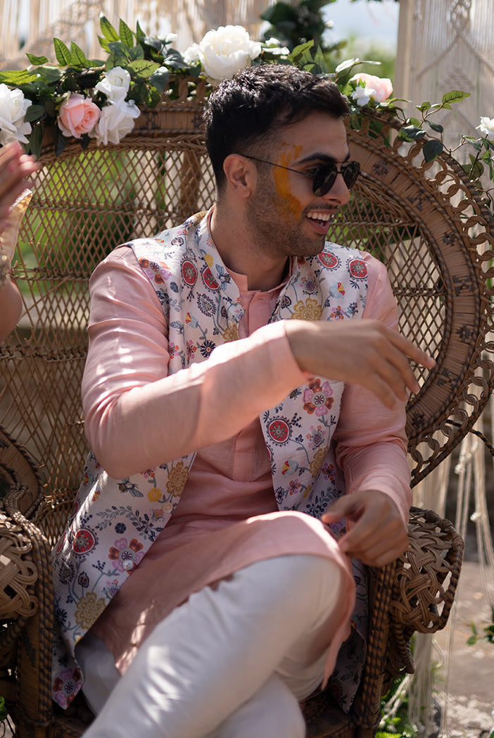 TAISH COLLECTION - CREAM COLOUR PRINTED DUPION SILK BANDI WITH ROSE PINK SILK KURTA AND OFF WHITE COTTON SILK CHURIDAR