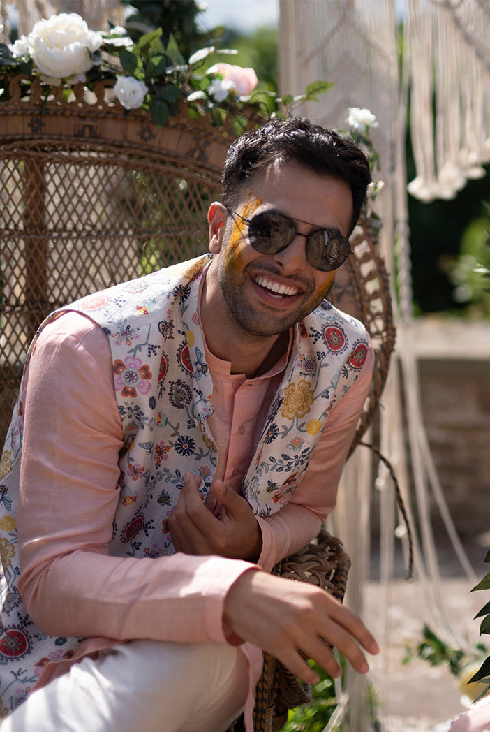 TAISH COLLECTION - CREAM COLOUR PRINTED DUPION SILK BANDI WITH ROSE PINK SILK KURTA AND OFF WHITE COTTON SILK CHURIDAR