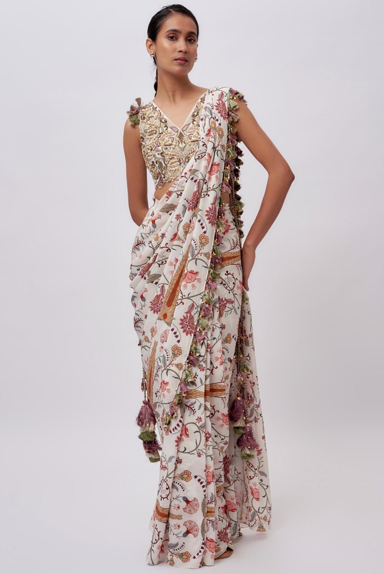 Cream Georgette Embroidered Choli With Cream Ochre Forest Whisper Print Crepe Pre-Stitched Saree.