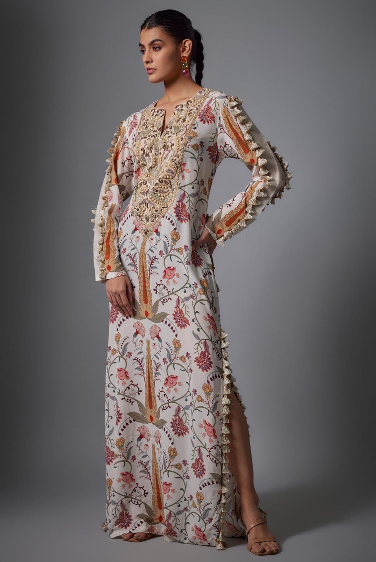 Cream Ochre Forest Whisper Print Embroidered Yoke Beyza Kaftan