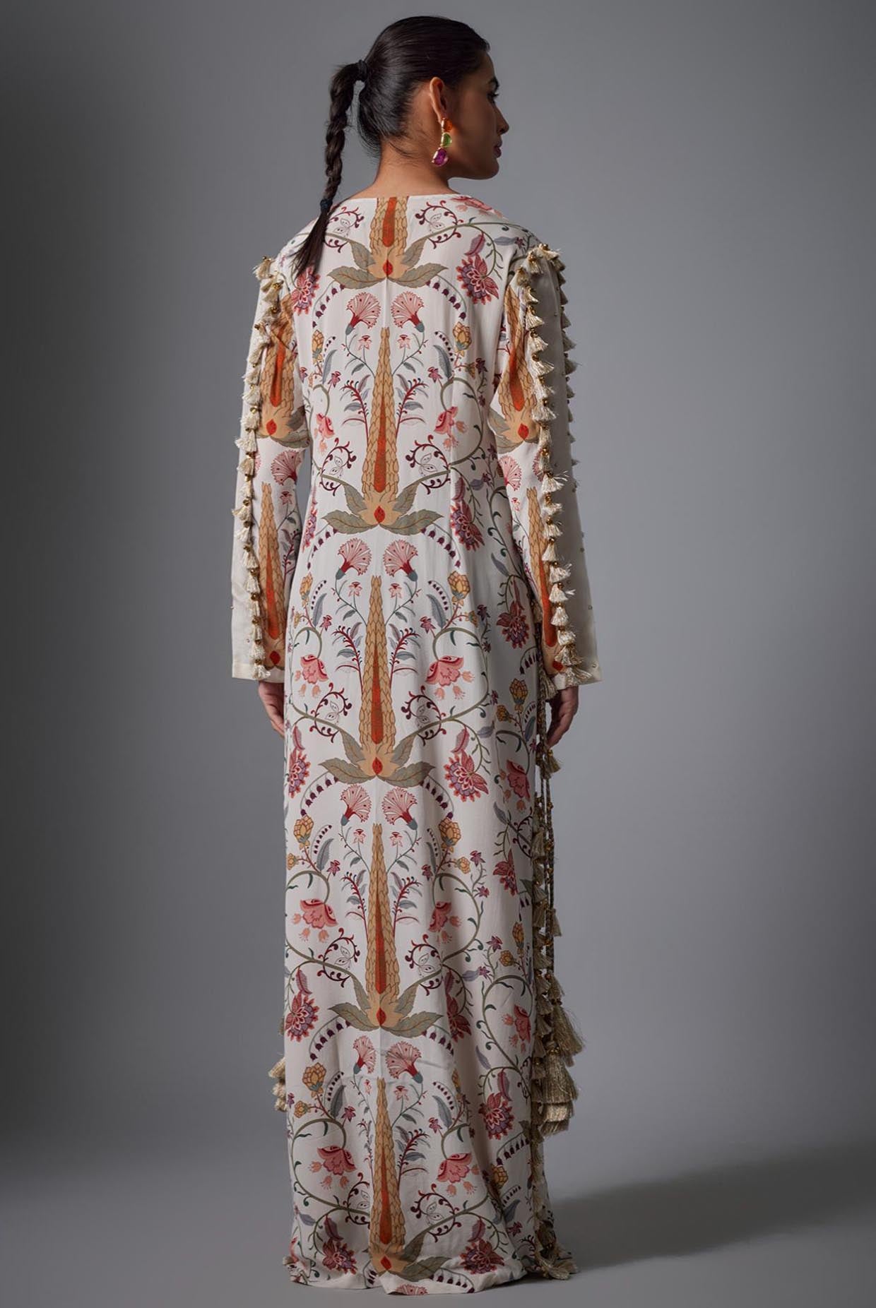 Cream Ochre Forest Whisper Print Embroidered Yoke Beyza Kaftan