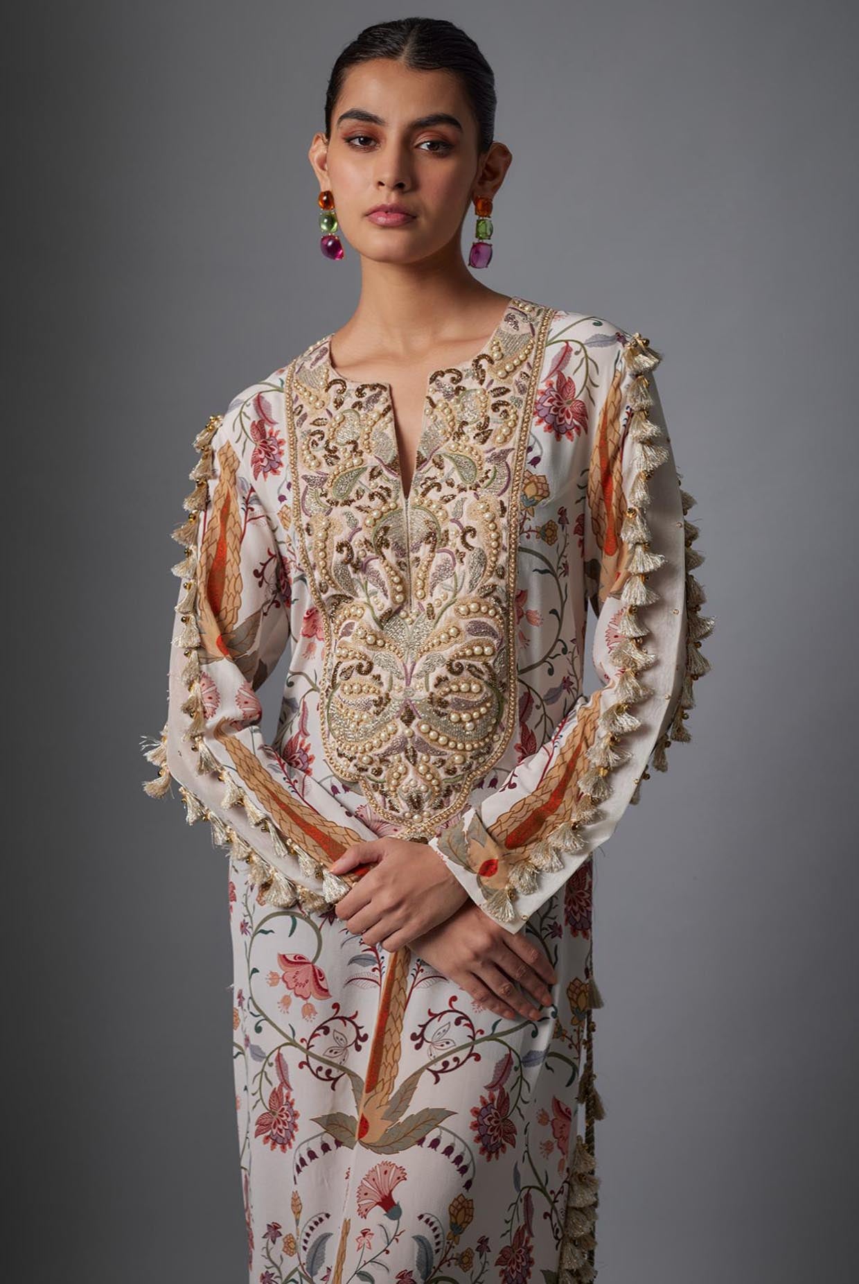 Cream Ochre Forest Whisper Print Embroidered Yoke Beyza Kaftan