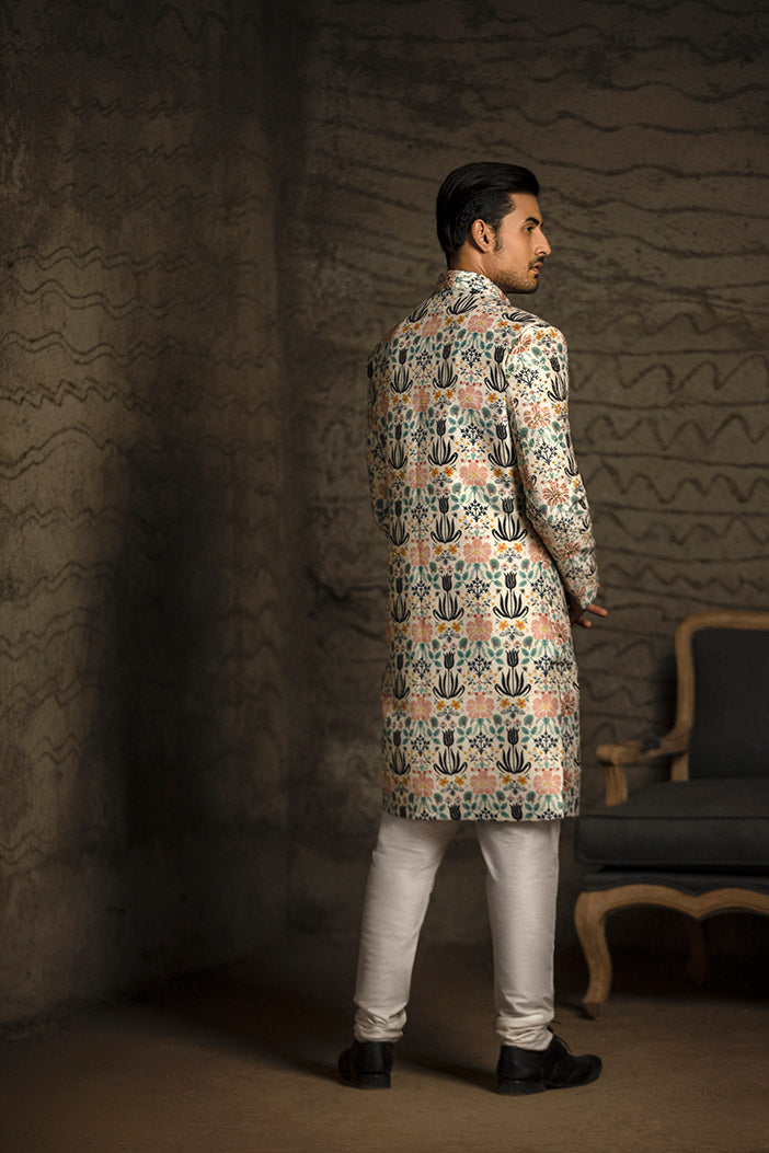 CREAM PRINTED DUPION SILK SHERWANI WITH OFF WHITE COTTON SILK CHURIDAR