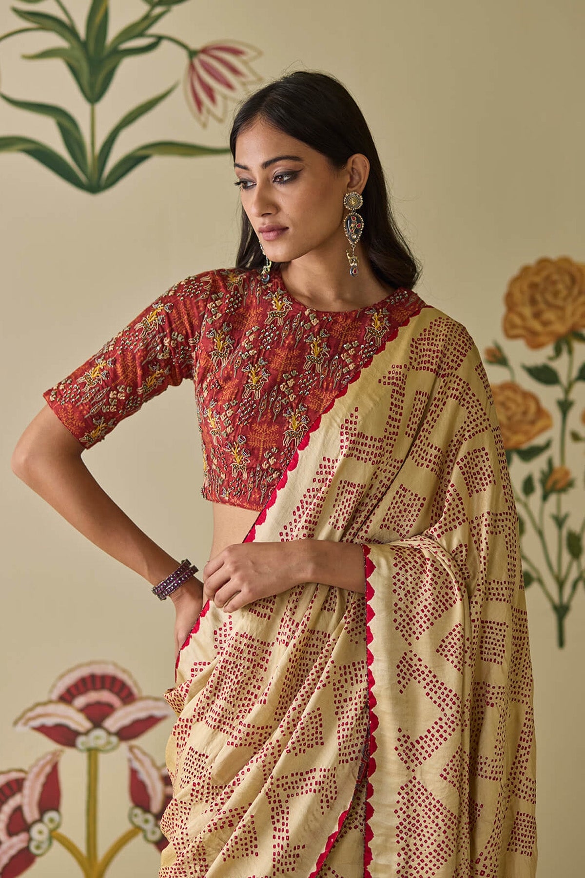 Cream & Red Bandhani Saree