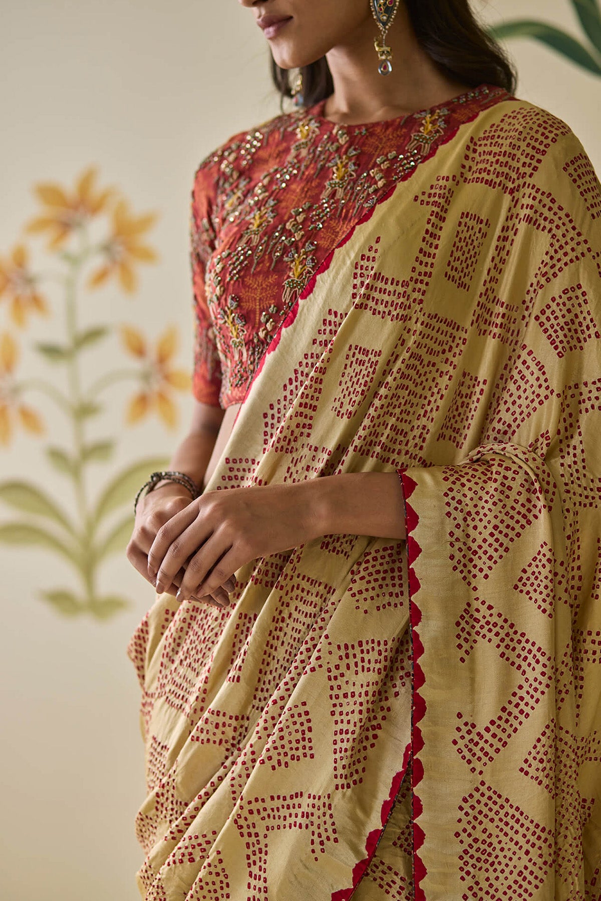 Cream & Red Bandhani Saree