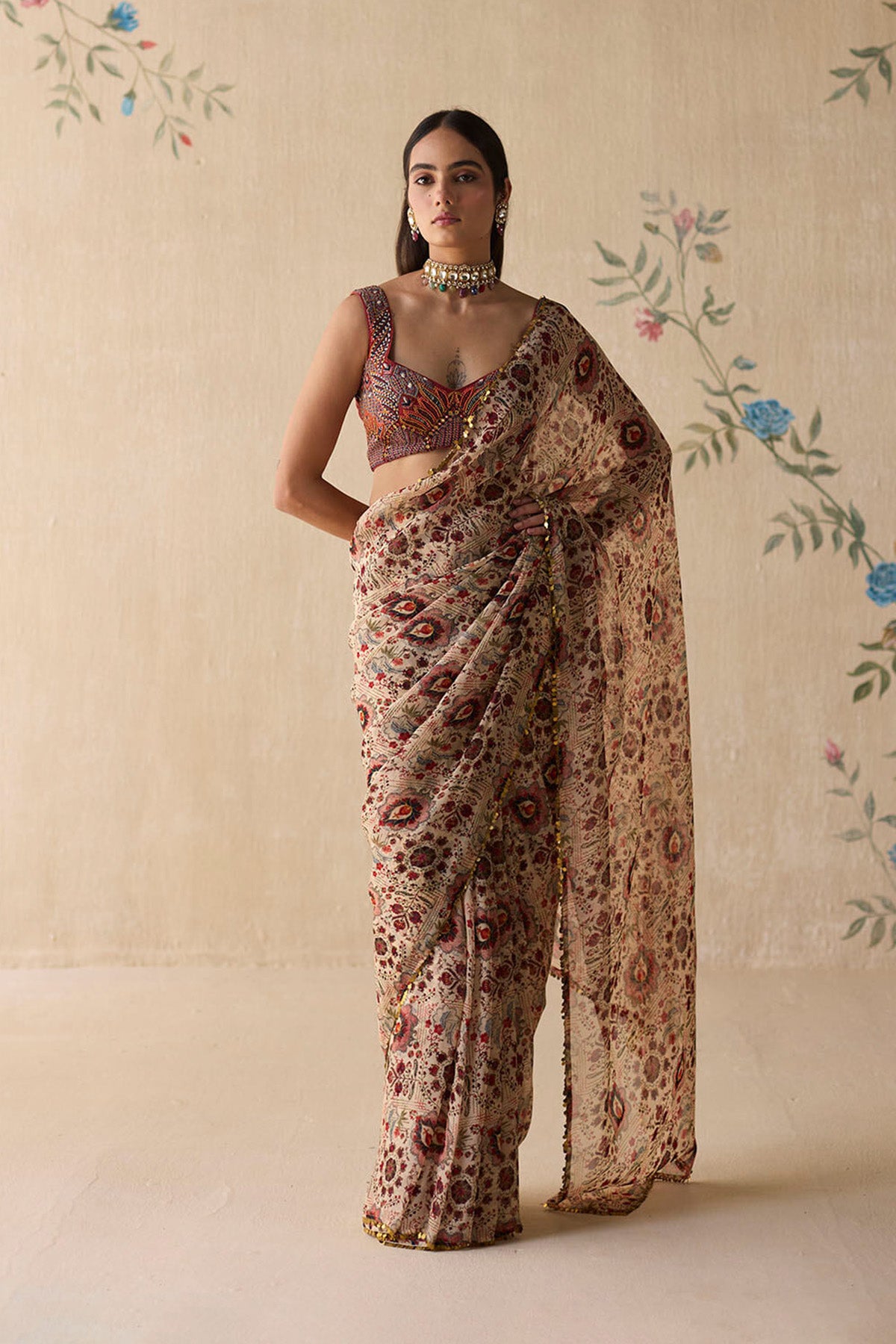 Cream & Red Saree