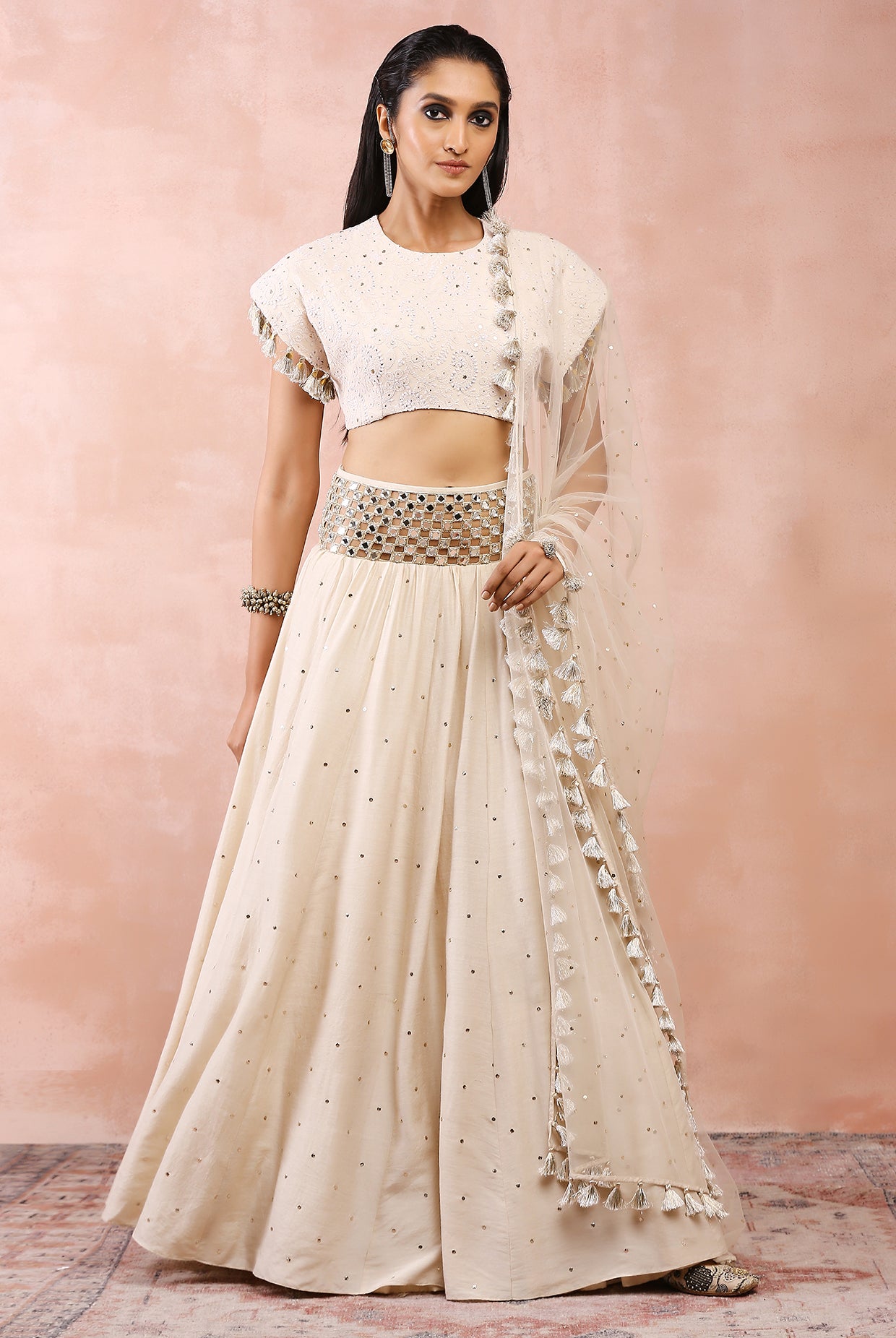 CREAM TOP WITH EMBROIDERED BELT LEHENGA AND DUPATTA