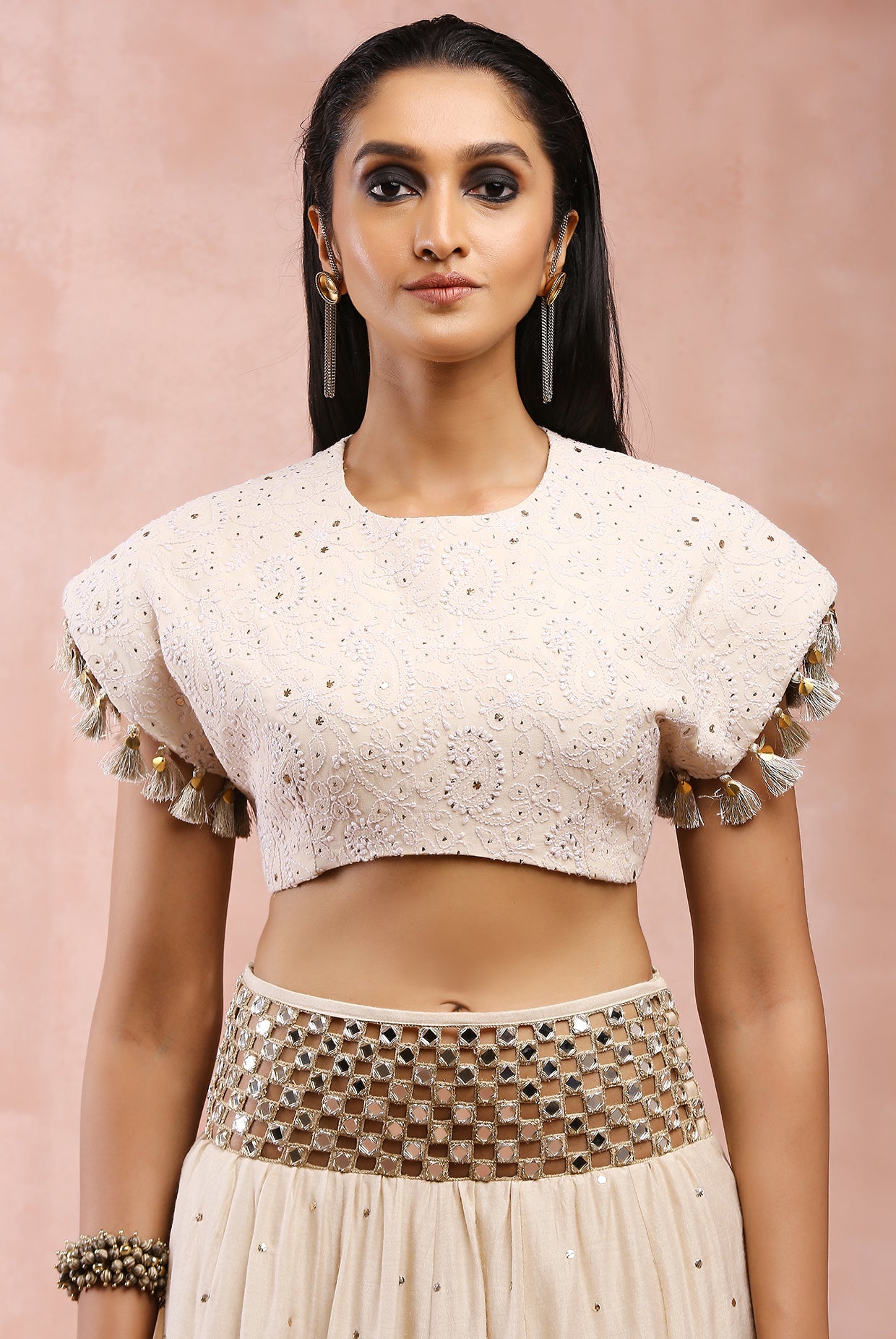 CREAM TOP WITH EMBROIDERED BELT LEHENGA AND DUPATTA