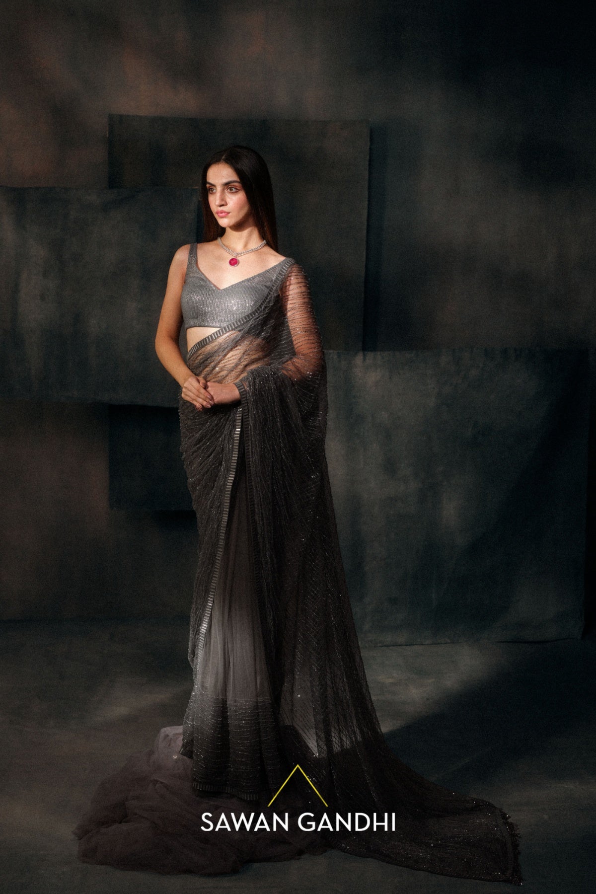 Dark grey sequin jaal net saree