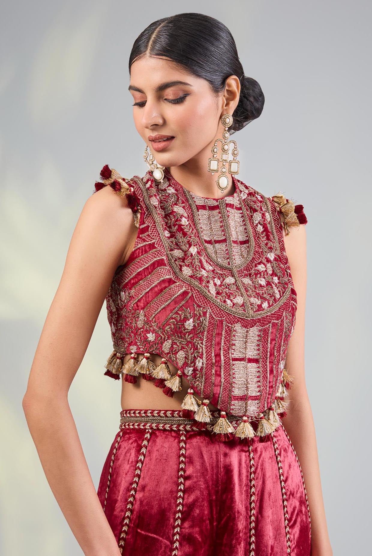 Dark Red Embroidered Choli With Sharara