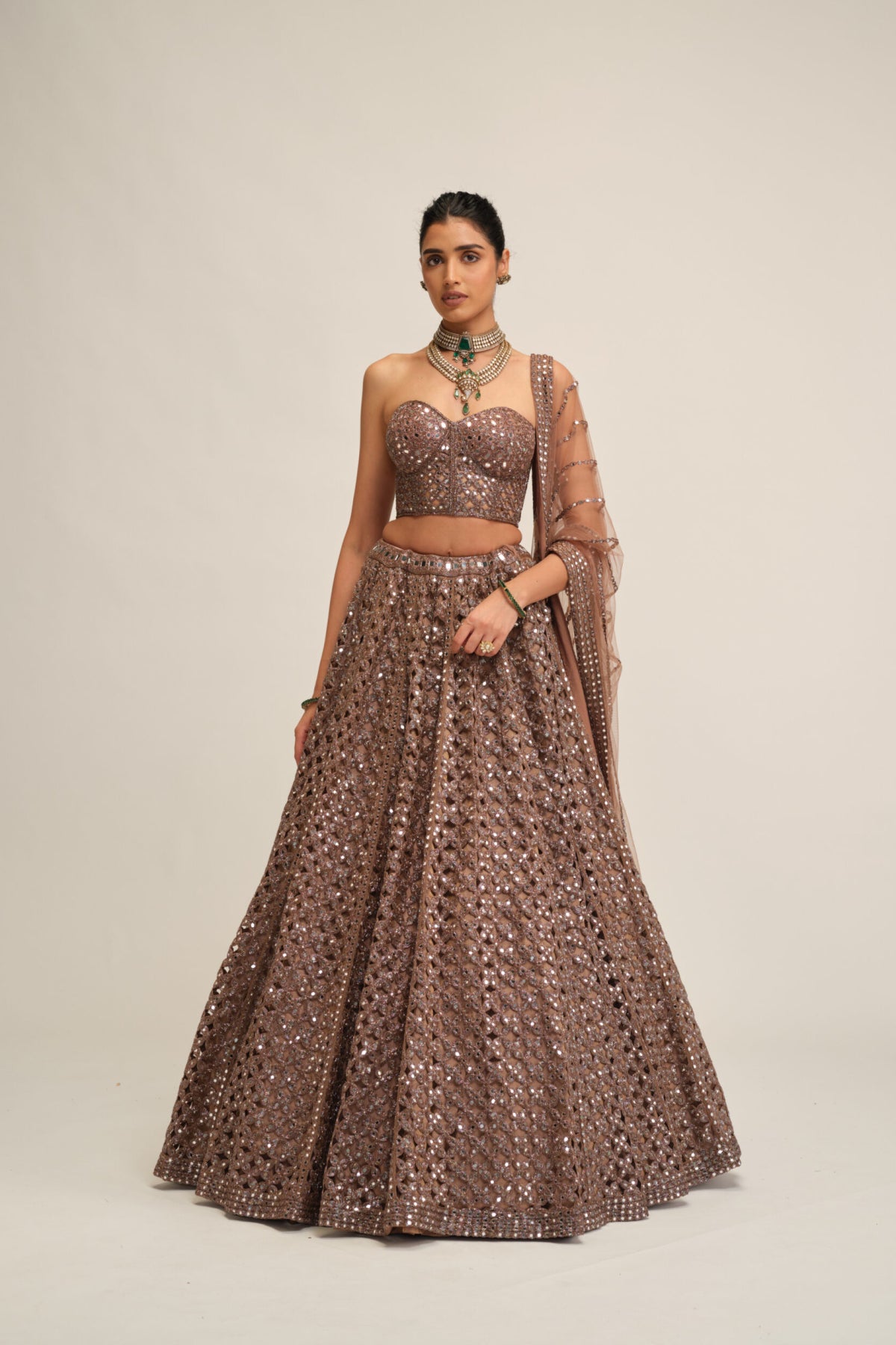 Deep Beige Flower Cutwork Lehenga Set