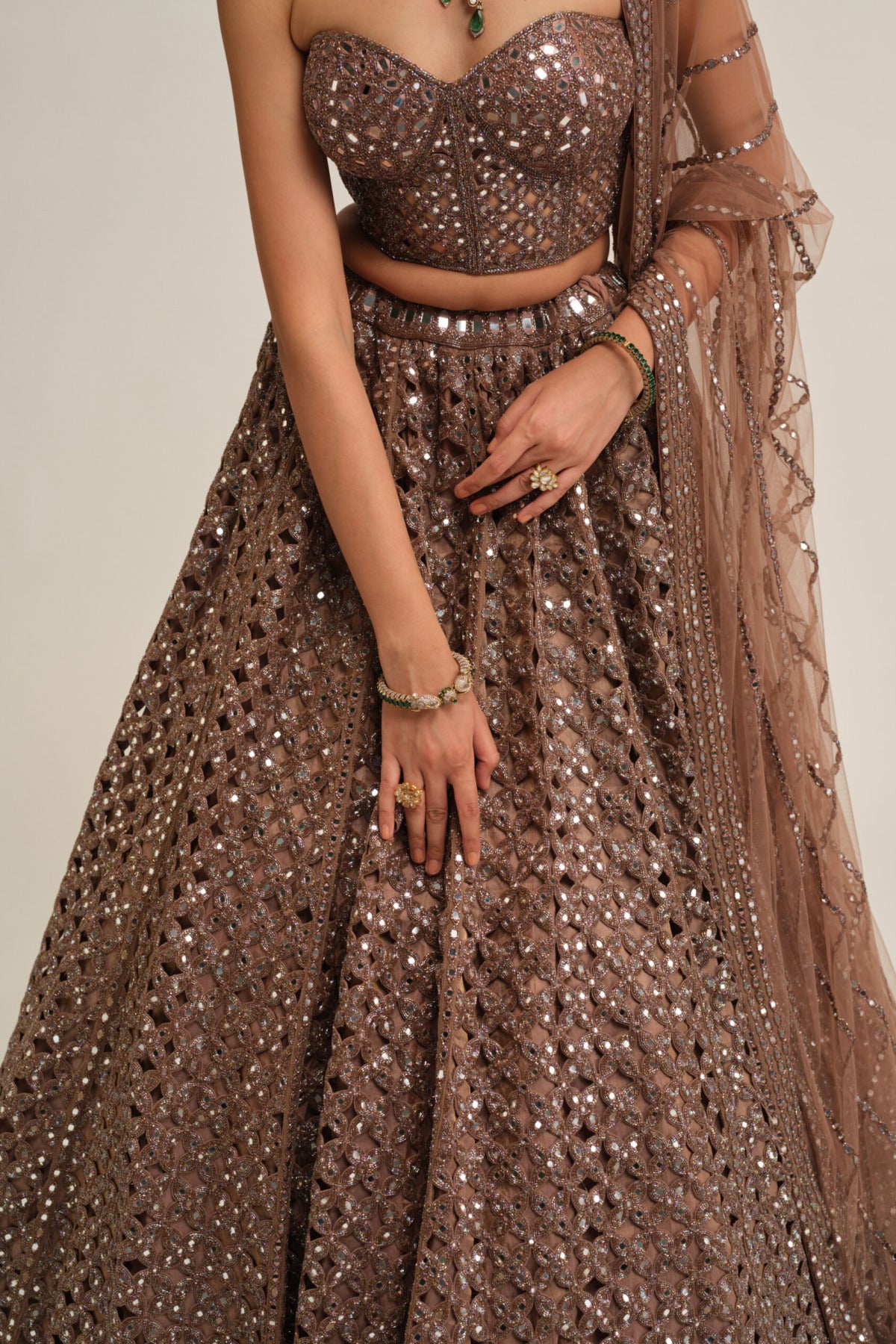 Deep Beige Flower Cutwork Lehenga Set