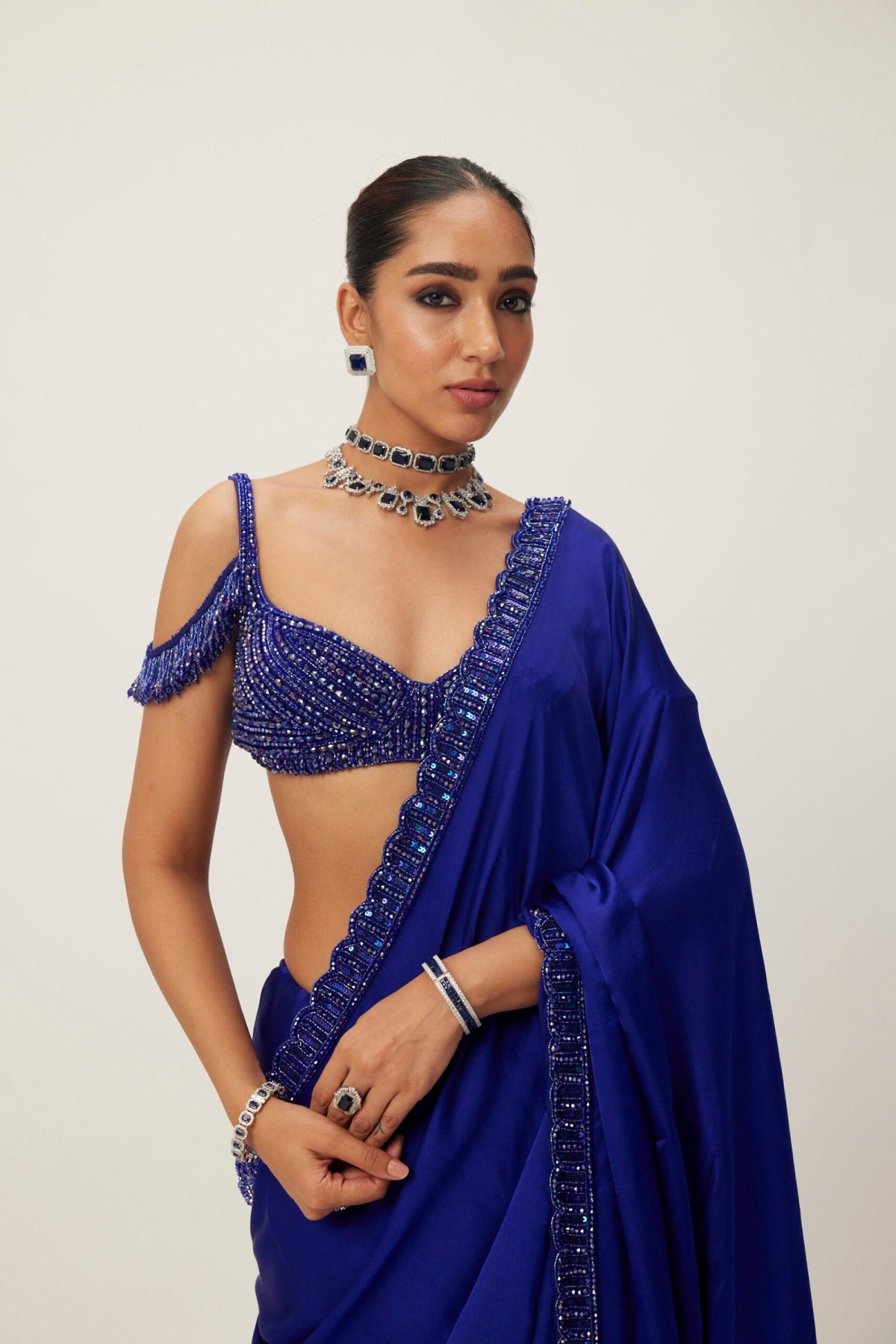 Cocktail Blue Satin Saree Set- Ready to ship