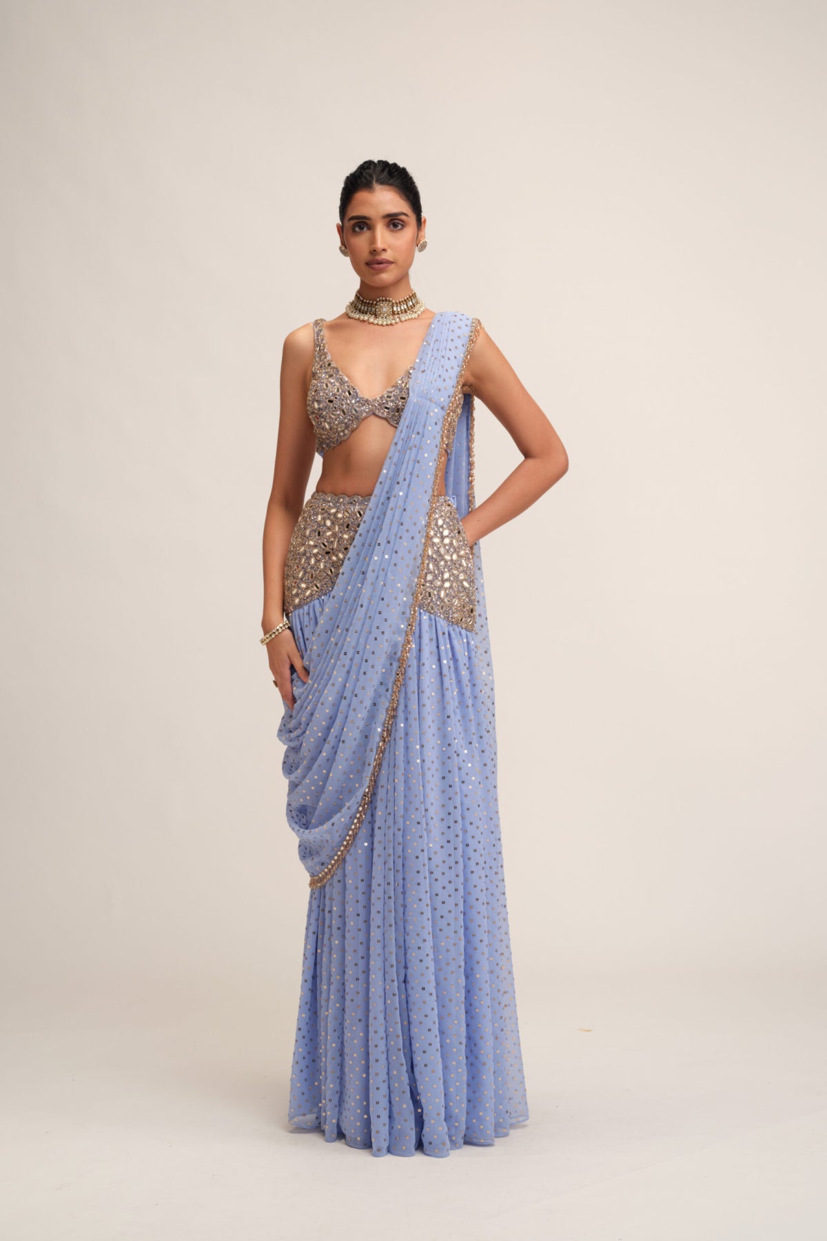 Dew Blue Draped Saree Set