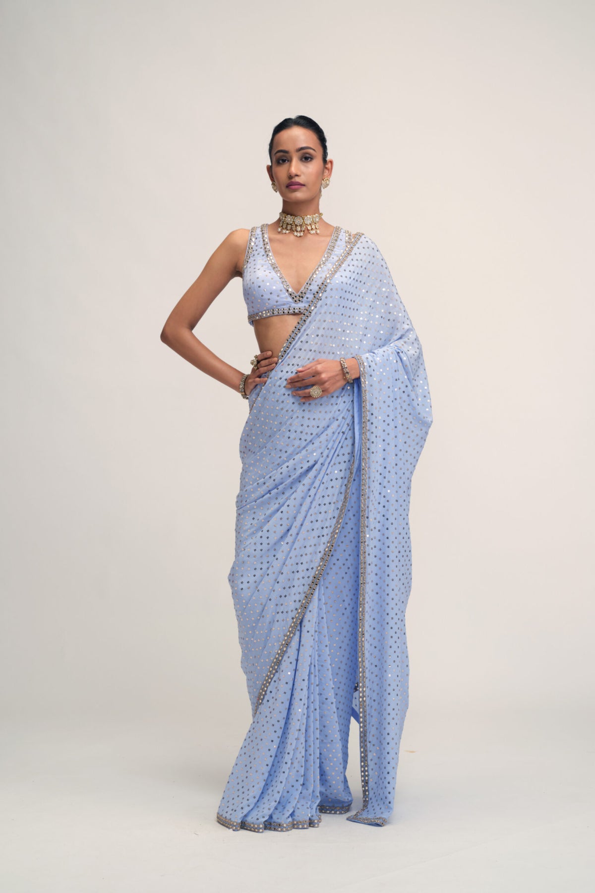Dew Blue Sequins Embroidered Saree Set