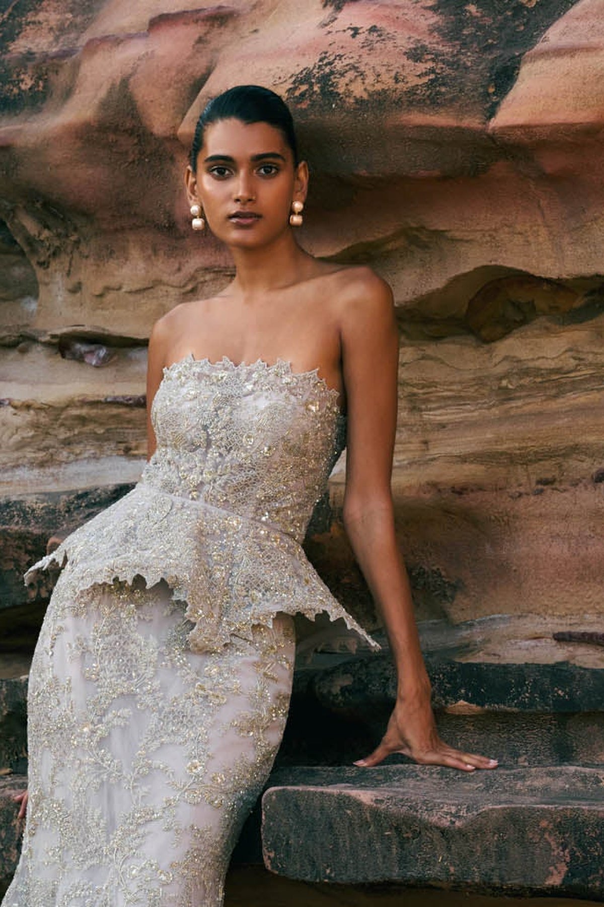 Dull Ivory Peplum With Mermaid Skirt Set