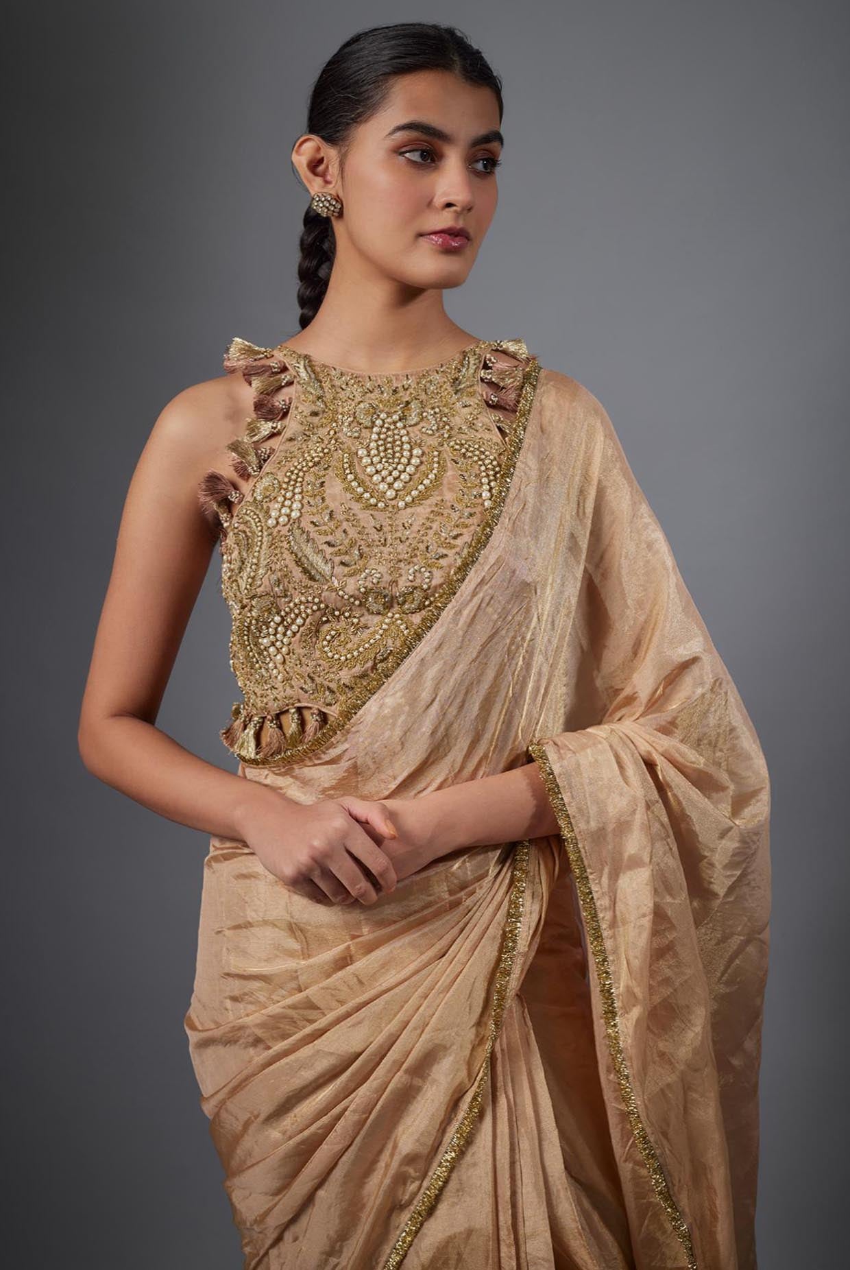 Dull Rose Color Embroidered Tissue Fabric Short Choli With Stitched Saree