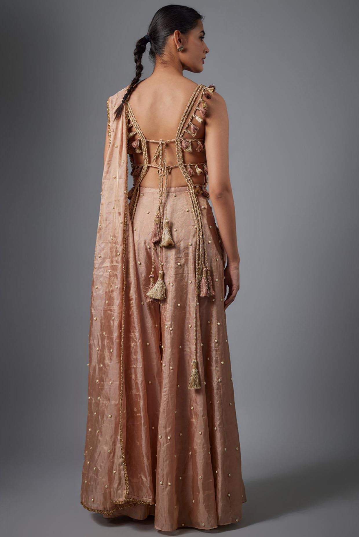 Dull Rose Tissue Embroidered Tissue Choli And Embroidred Sharara With Pallu