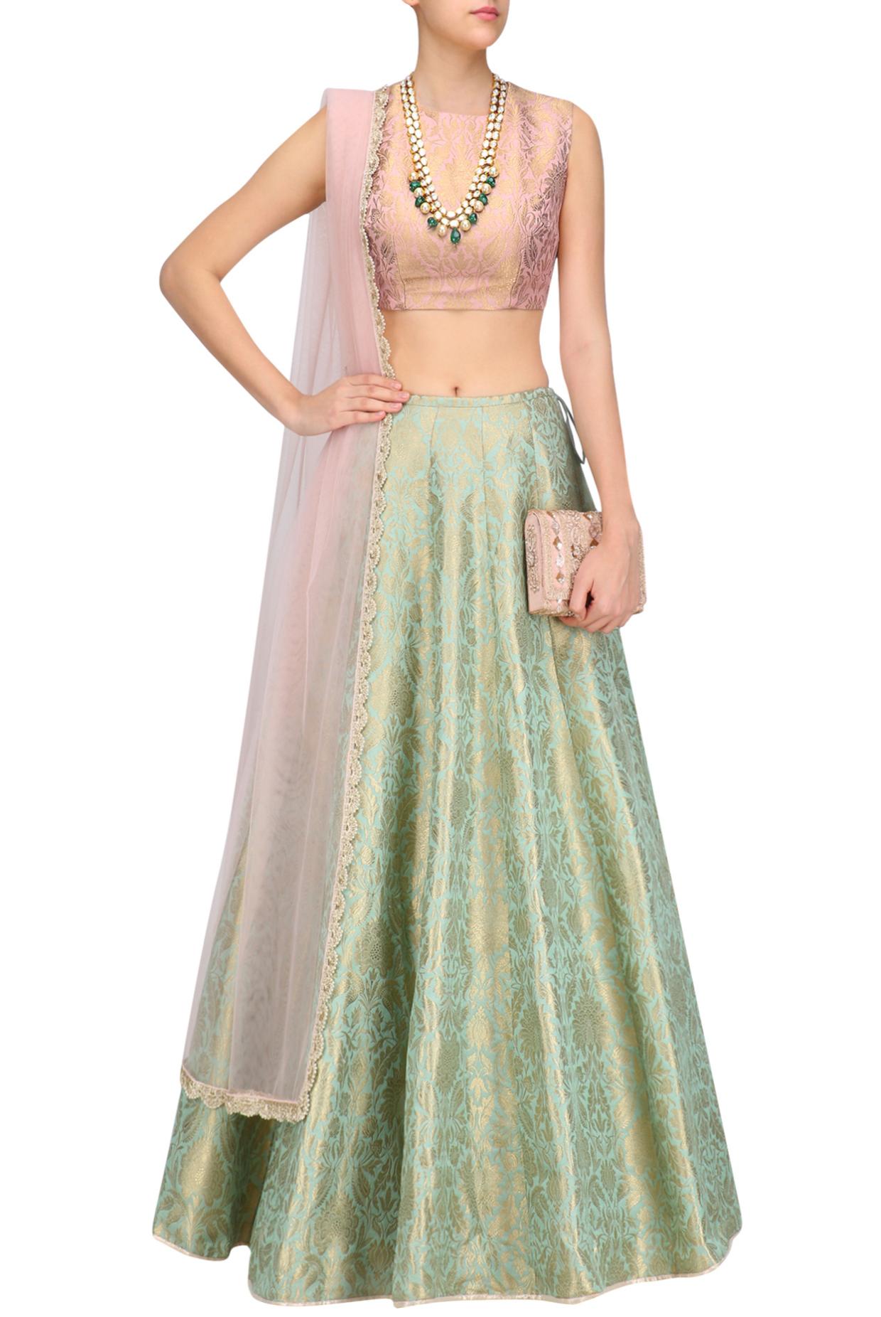 Dusky Rose Choli With Mint Lehenga & Dusky Rose Dupatta