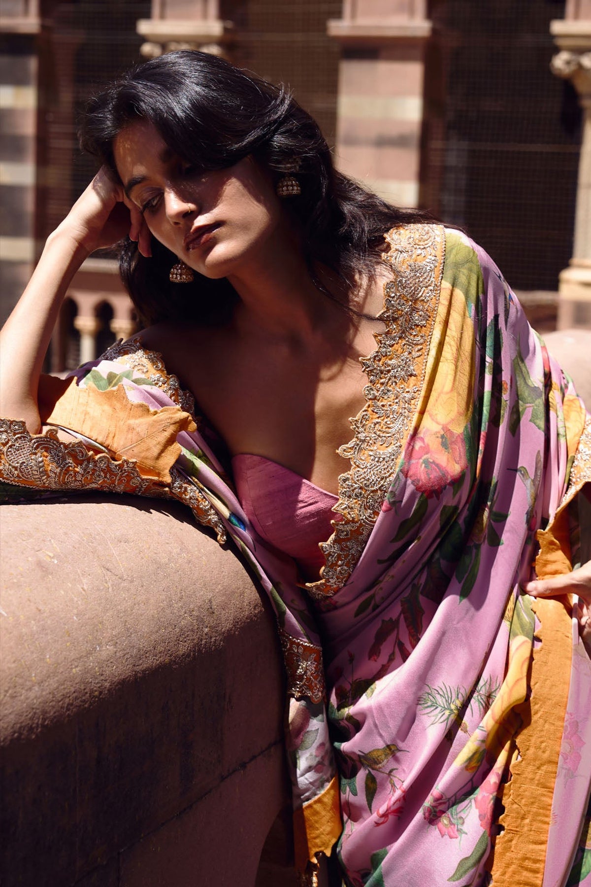 Dusty Pink Printed, Zardozi Border Saree Set