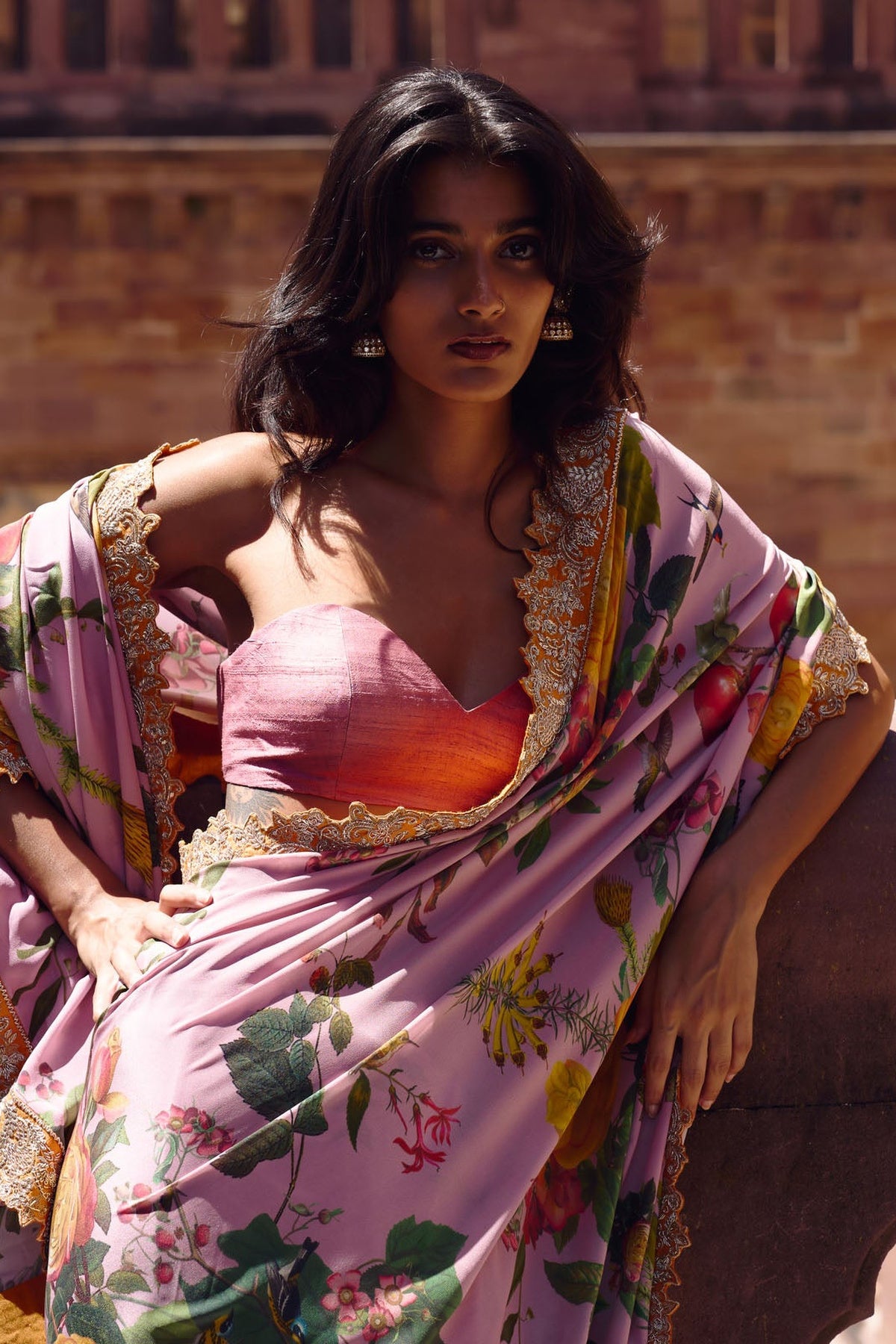 Dusty Pink Printed, Zardozi Border Saree Set