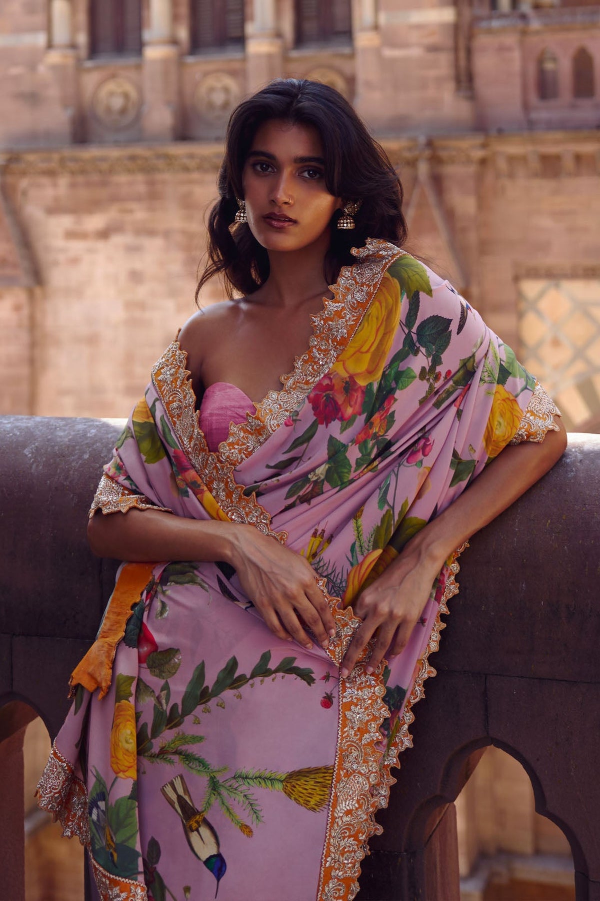 Dusty Pink Printed, Zardozi Border Saree Set