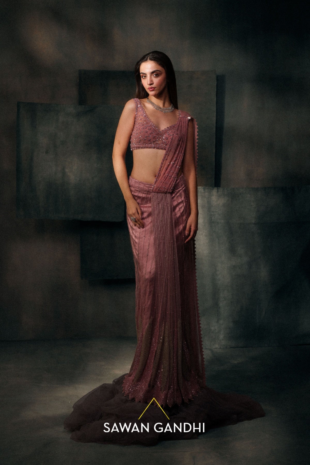 Dusty rose pink sequins and cutdana drape saree