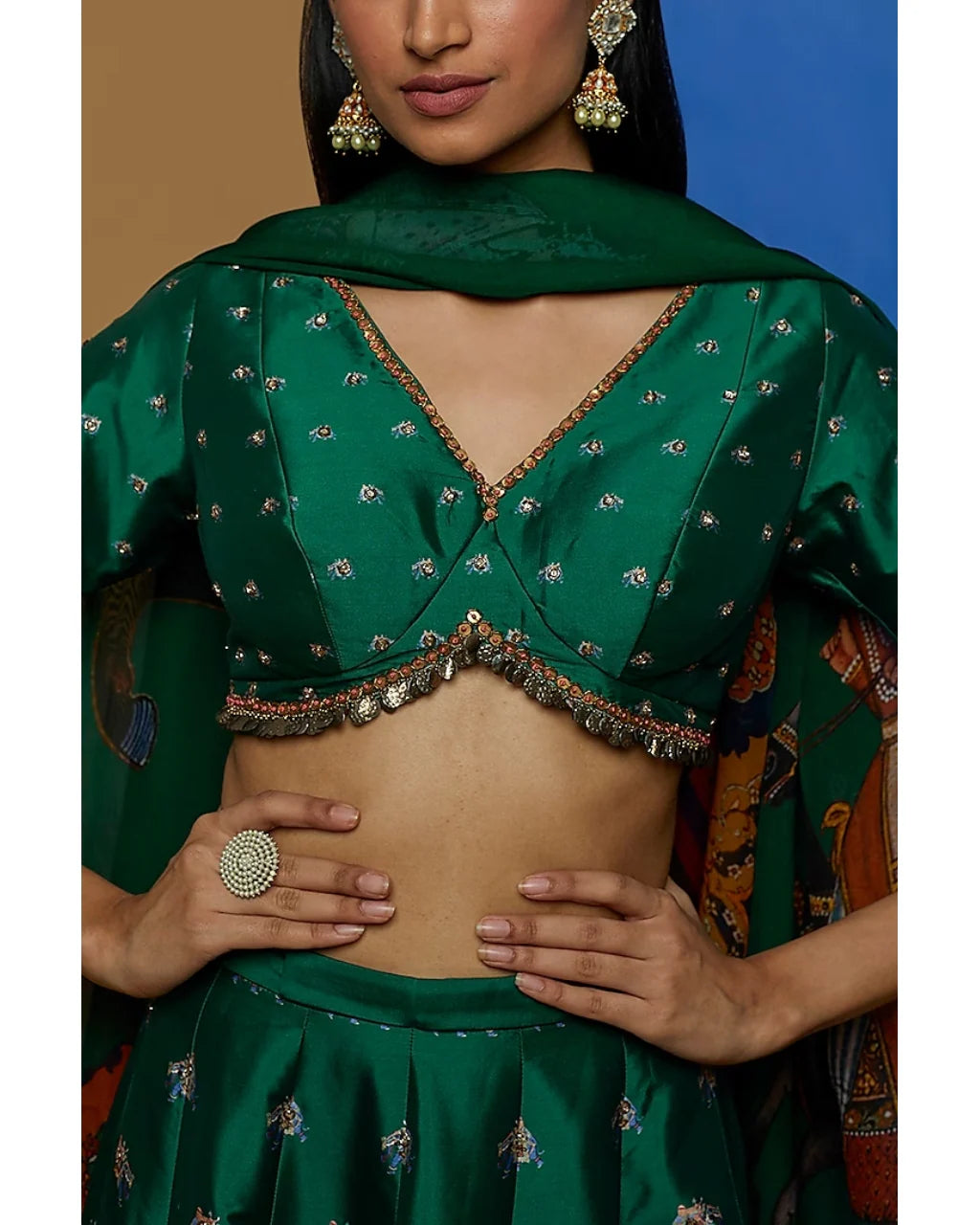 Emerald Green Placement Embroidery Lehenga Set