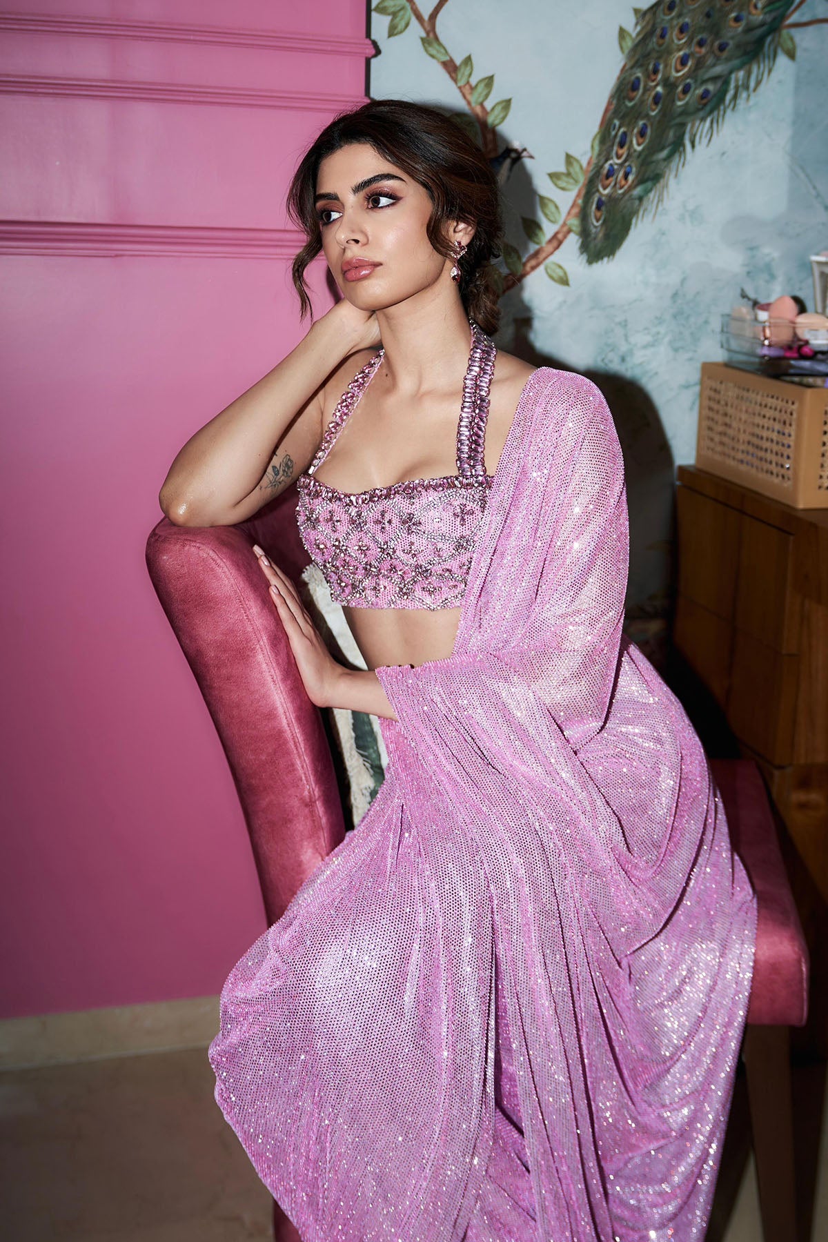 Khushi Kapoor in Pink Mystic Saree Set