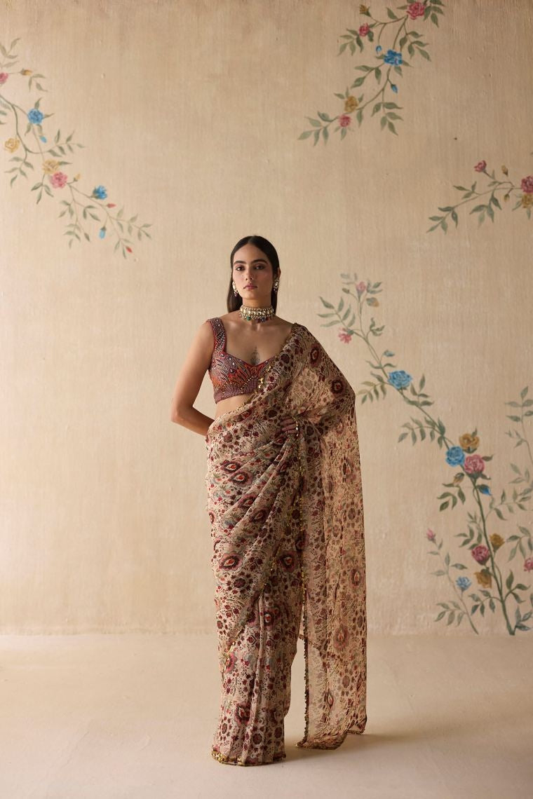 Cream & Red Saree - Ready To Ship