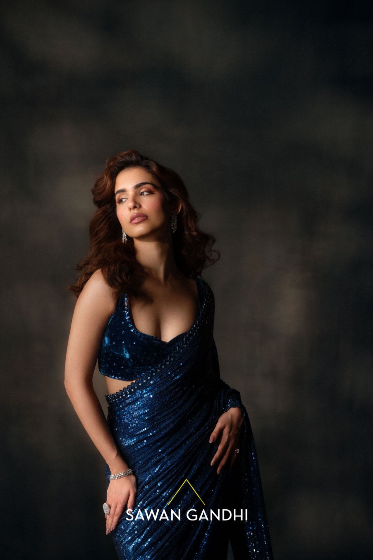 Electric blue to silver ombre saree