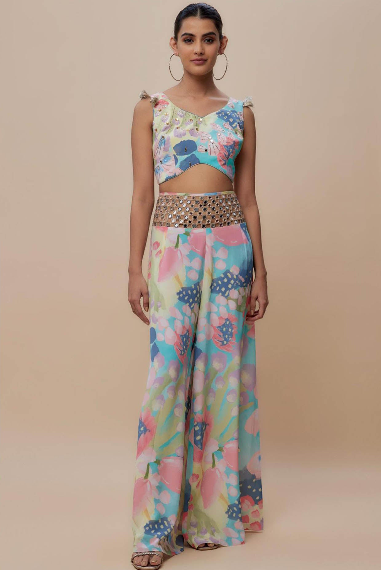 Euphoria Print Lifted Choli And Embroidered Belt Palazzo
