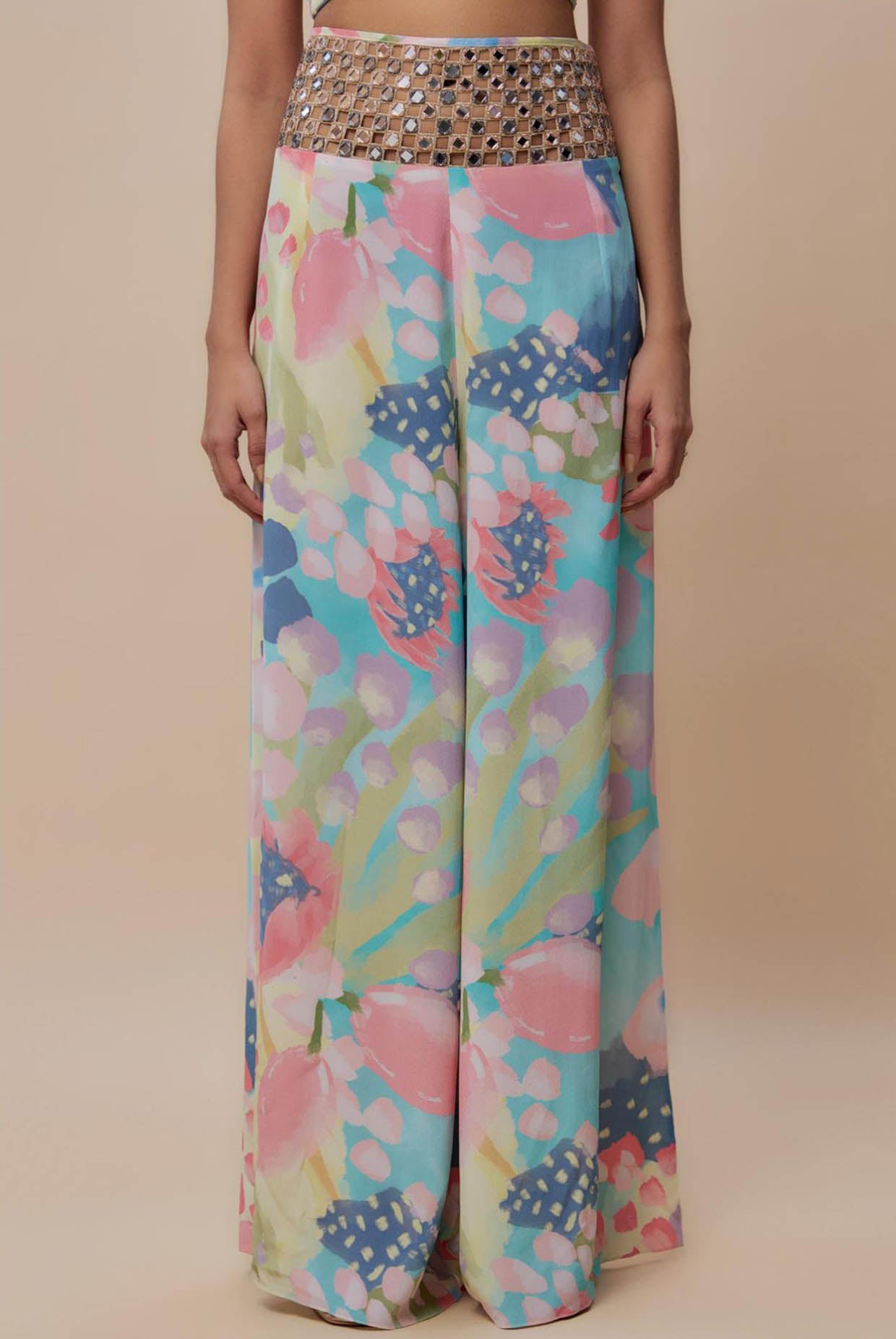 Euphoria Print Lifted Choli And Embroidered Belt Palazzo