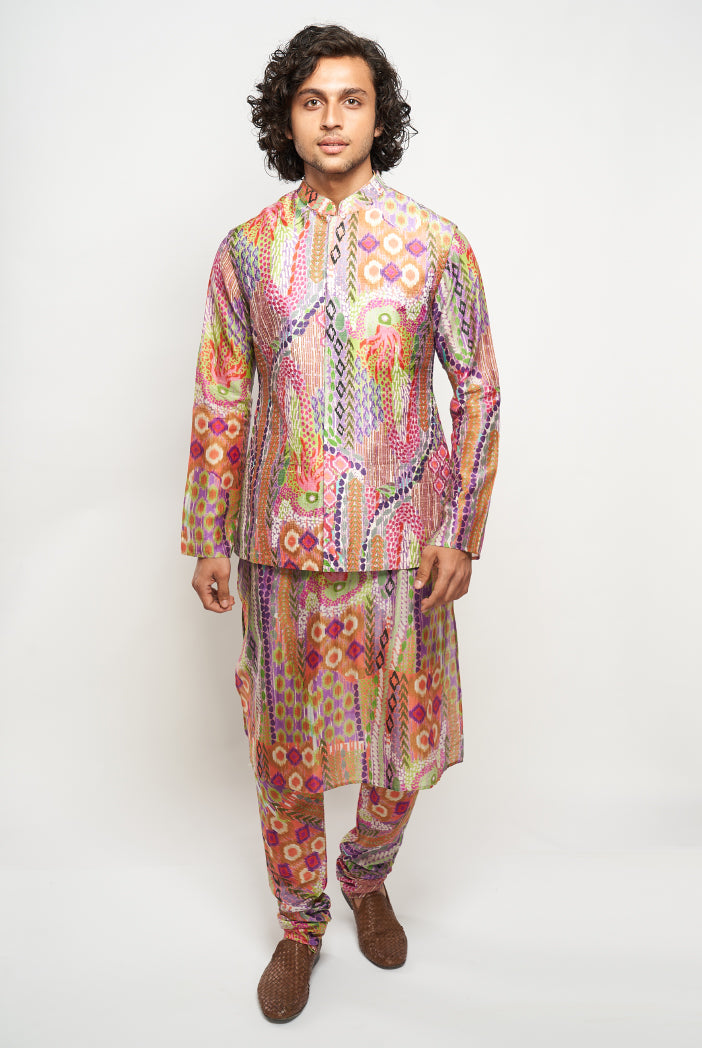 FAIZ AFRICAN MULTI COLOUR PRINT DUPION SILK BANDI WITH PRINTED SILKMUL KURTA AND CHURIDAR
