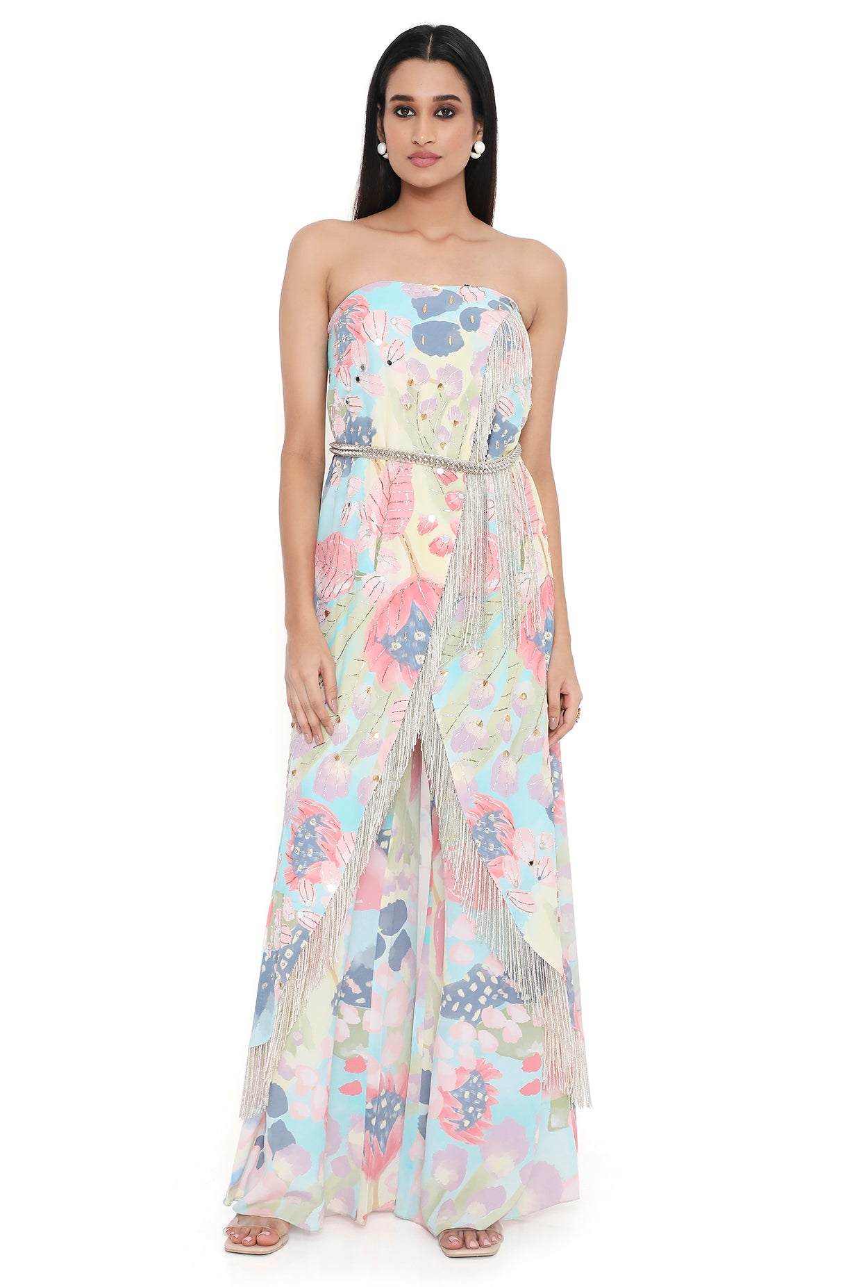 Francesca Euphoria Print Embroidered Tube Kurta And Pallazo With Leather Embroidered Belt