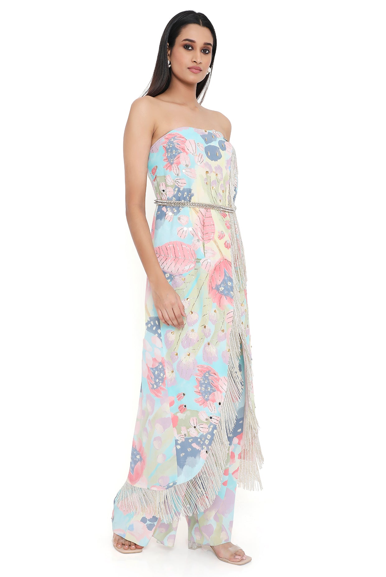 Francesca Euphoria Print Embroidered Tube Kurta And Pallazo With Leather Embroidered Belt