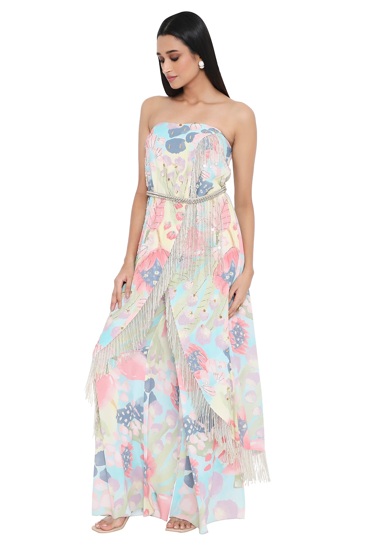 Francesca Euphoria Print Embroidered Tube Kurta And Pallazo With Leather Embroidered Belt