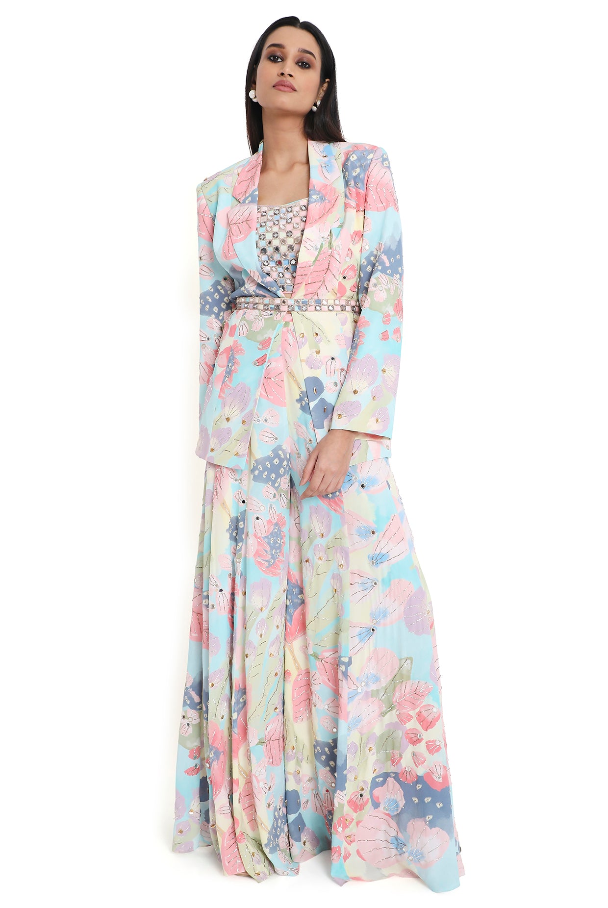 Fresia Euphoria Print Embroidered Blazer With Bustier And Sharara With Belt